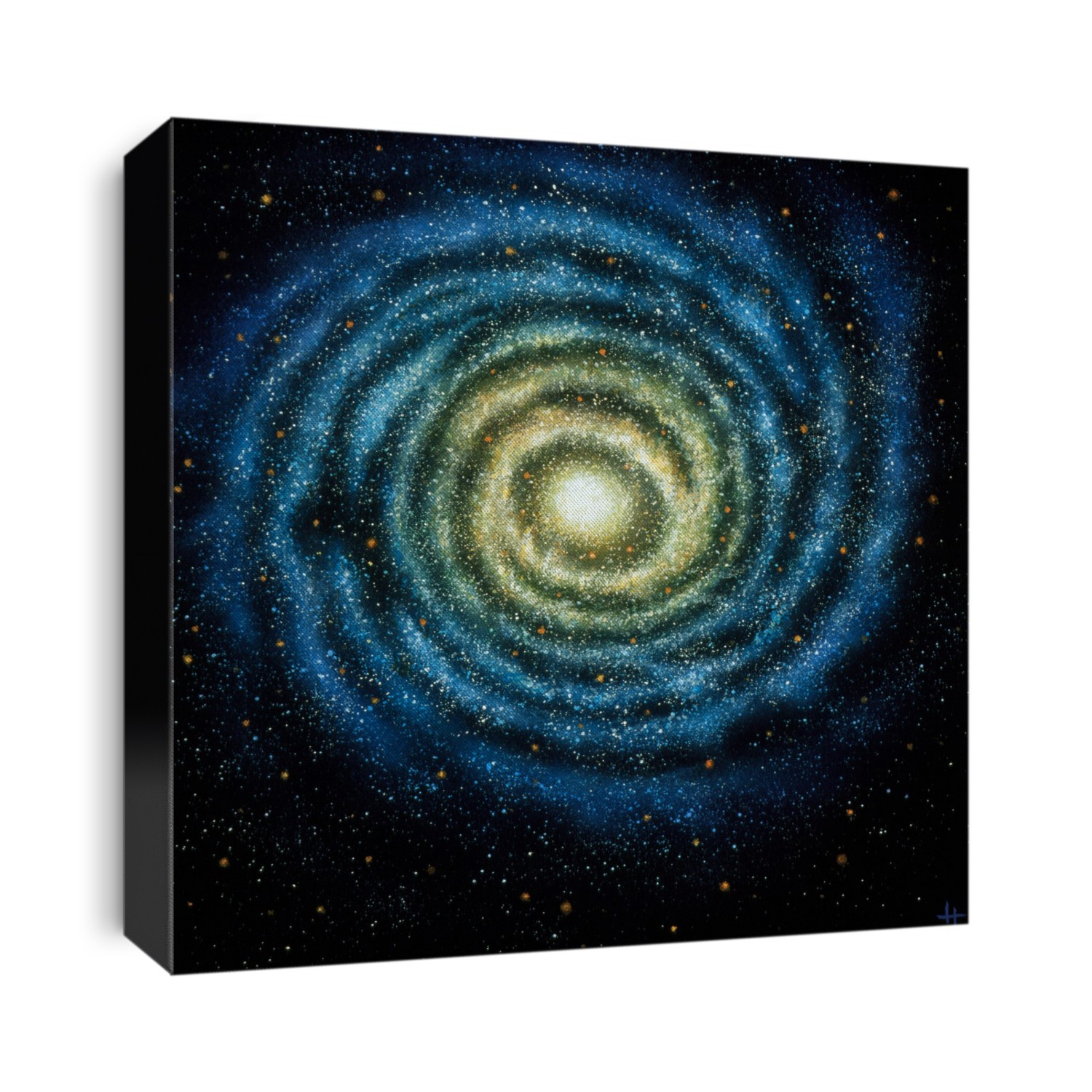 Artist's impression of our galaxy, the Milky Way, seen face-on. The Milky Way is a spiral galaxy containing about 100,000 million stars, & is about 100,000 light years across. Older, reddish stars (Population II stars) give the central bulge of the galaxy its warm glow, while younger, blue stars (Population I), like our own Sun, populate the spiral arms. The orange spots in the image represent globular clusters, massive aggregations of thousands of stars. Our solar system is about 25,000 light years from the galactic centre, & is situated in a relatively sparse section of the galaxy.