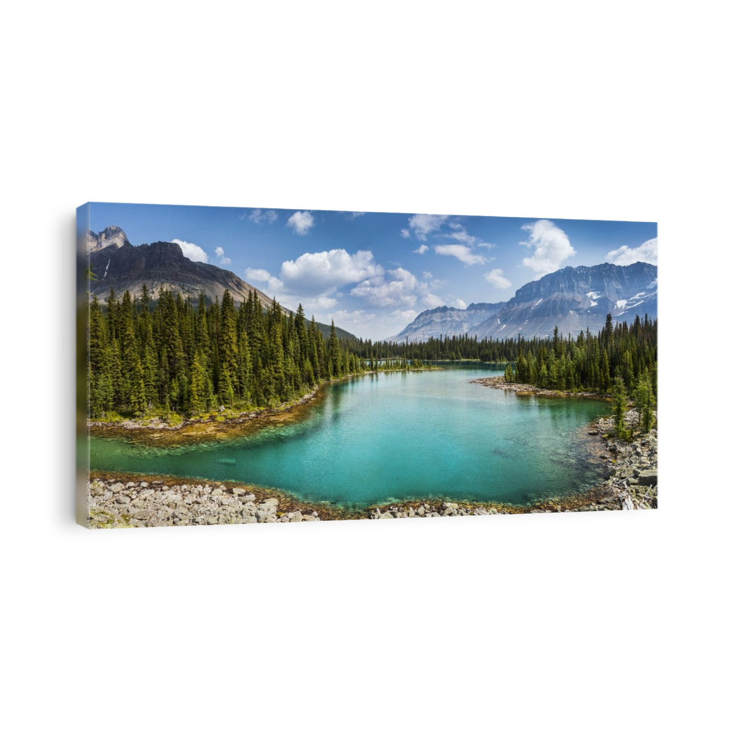 Colourful alpine lake with mountains, blue sky and clouds in the background; British Columbia, Canada