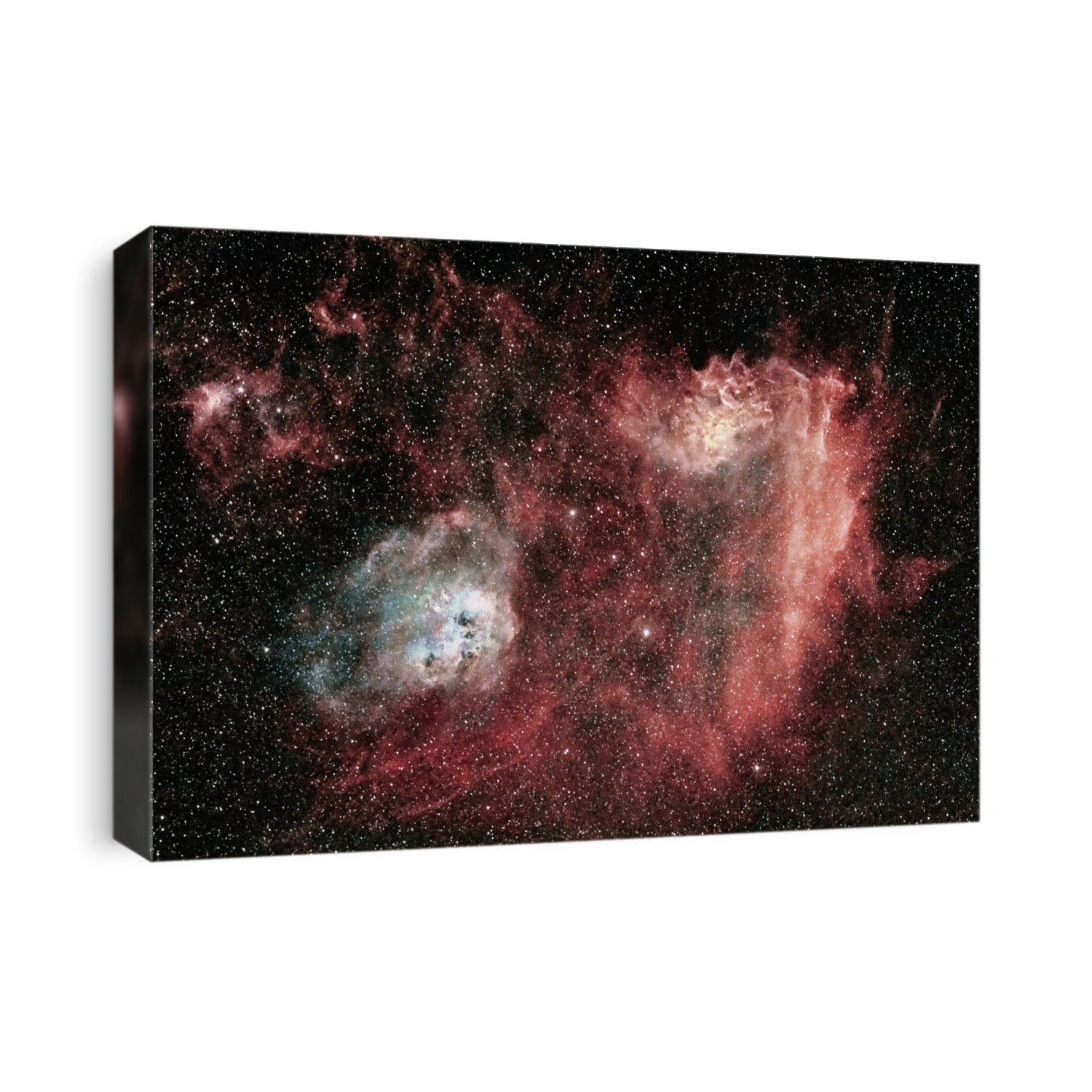 Flaming star nebula (IC 405, orange at right) and the tadpole nebula (IC 410, white at lower left). These are emission nebulae, huge clouds of gas and dust that glow as the hydrogen they contain is ionised by radiation from the hot young stars that have formed within them. The nebulae lie about 1600 light years from Earth, in the constellation Auriga.