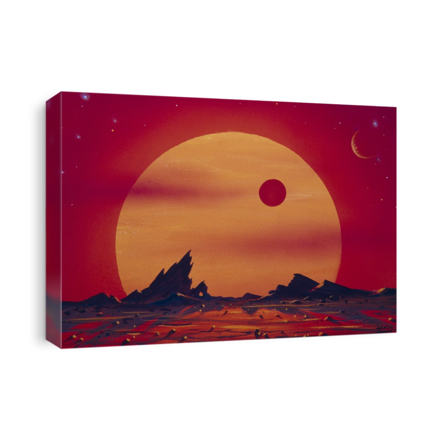 Red giant star. Artwork showing a red giant star as seen from a nearby planet. Stars reach this stage towards the end of their life when most of their hydrogen content has been converted into helium. They are formed by a compact core, where helium is burning, and an outer shell where the remaining hydrogen is burning. The diameter of red giant stars is about 25 times the diameter of the Sun and the surface temperature is about 3000 Kelvin. The destiny of a star after the red giant phase depends strongly on its mass. Massive stars (50 solar masses) die violently in a supernova explosion which may leave at the core of the explosion a remnant such as a neutron star.