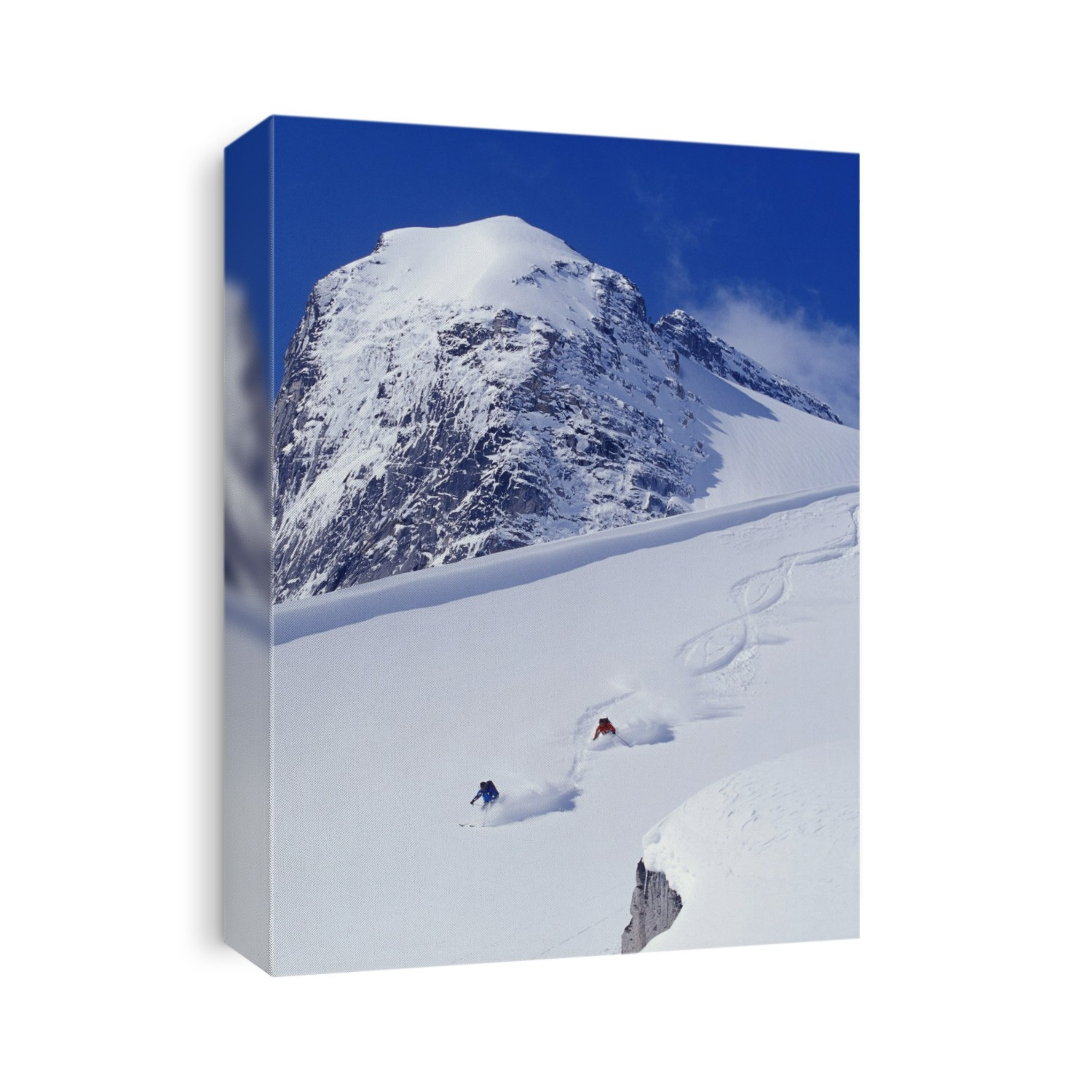 Two Young Men Skiing Untracked Powder In Figure 8's, Bugaboo Glacier Provincial Park, British Columbia, Canada