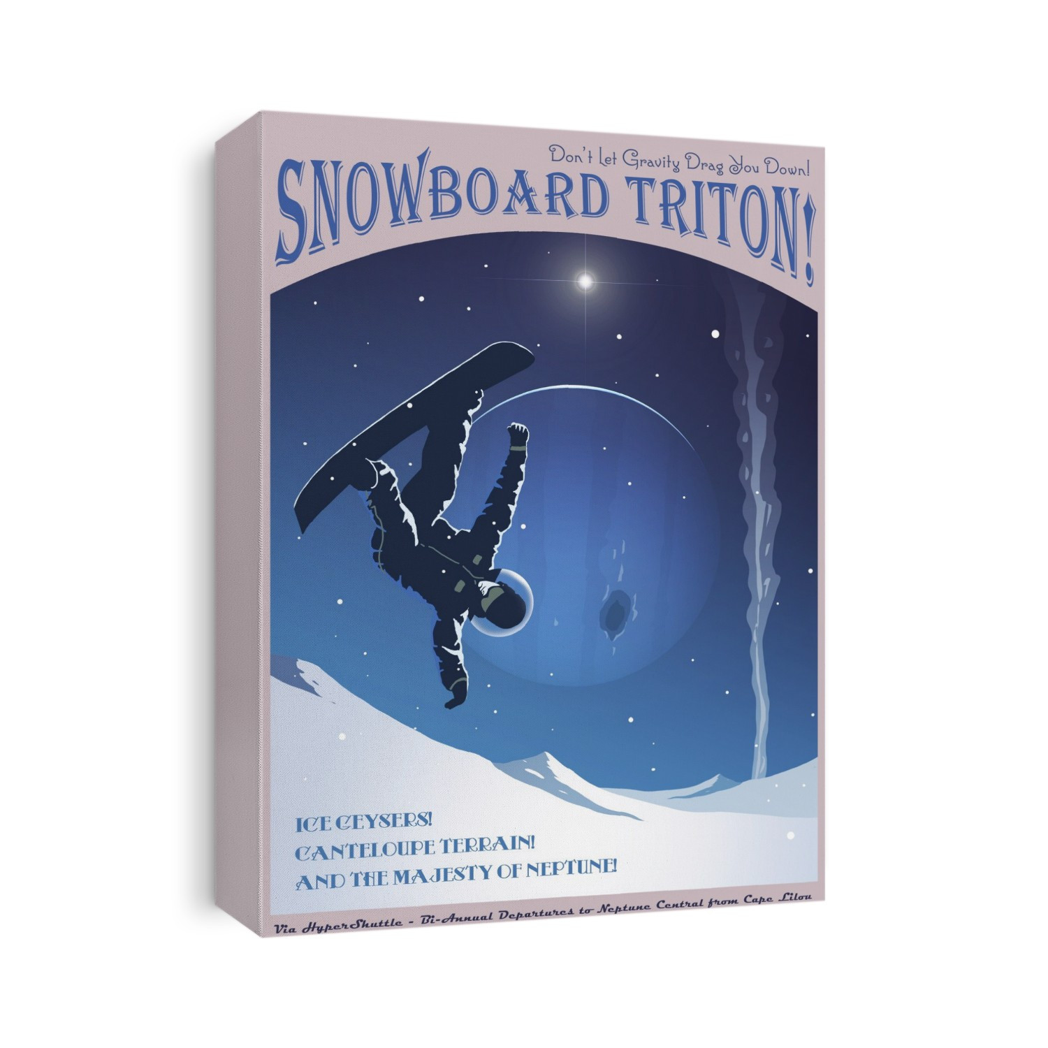 Triton travel poster, illustration. Triton is the largest moon of the gas giant Neptune. It is famous for its odd terrain (e.g. the Cantaloupe terrain) and its cryonic geysers. This faux travel poster presents snowboarding on Triton as a tourist attraction in art deco style.