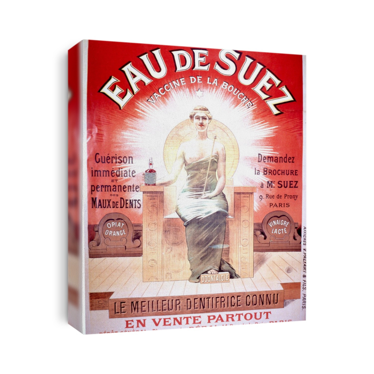 Vintage health poster (early 1900's). Poster advertising 'Eau de Suez' an oral painkiller for toothache.
Advertisements for unproven proprietary or patent medicines and treatments were common before the introduction of food and medical legislation in the early 1900's.