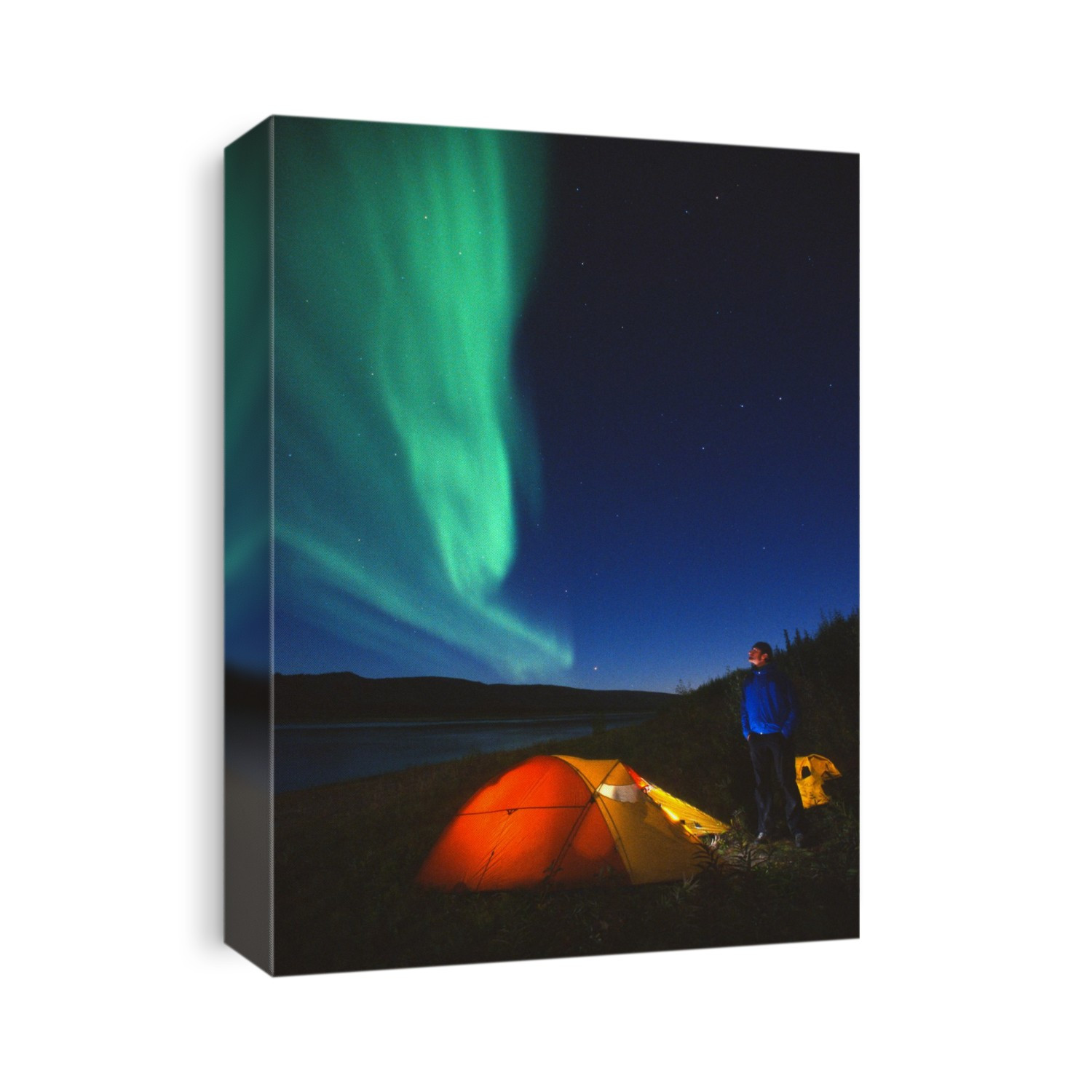 Aurora Borealis Above A Tent And Camper Along The Peel River, Fort Macpherson, Yukon