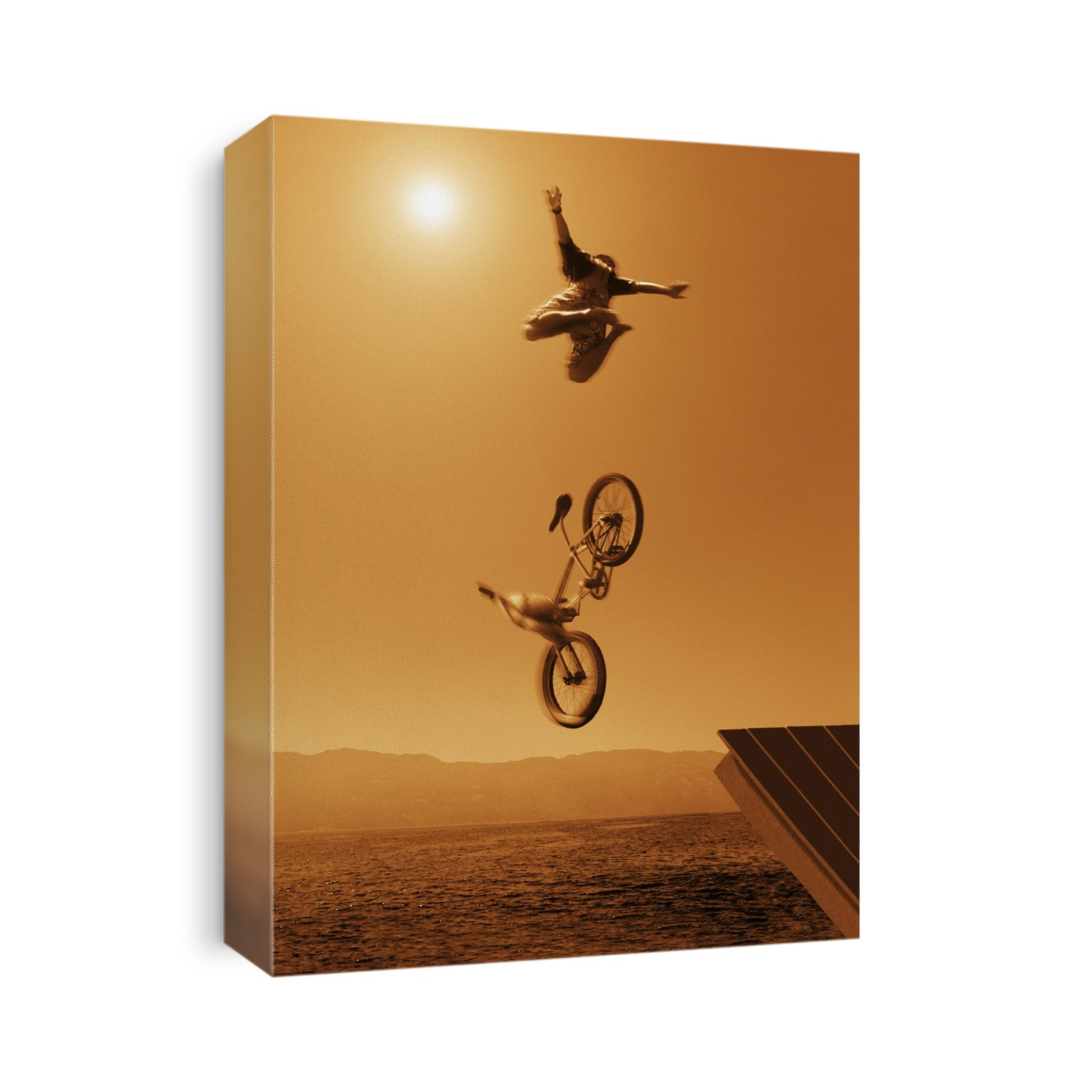 Cyclist Going Off Jump Into Water In Brown Tones