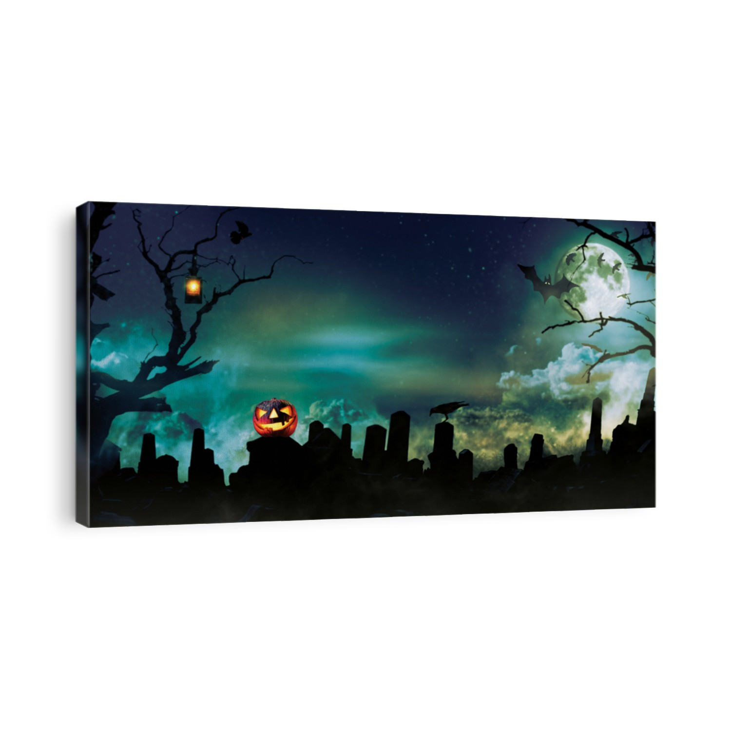 Spooky halloween background with graveyard stones silhouettes, dark horror background. Celebration theme, copyspace for text.