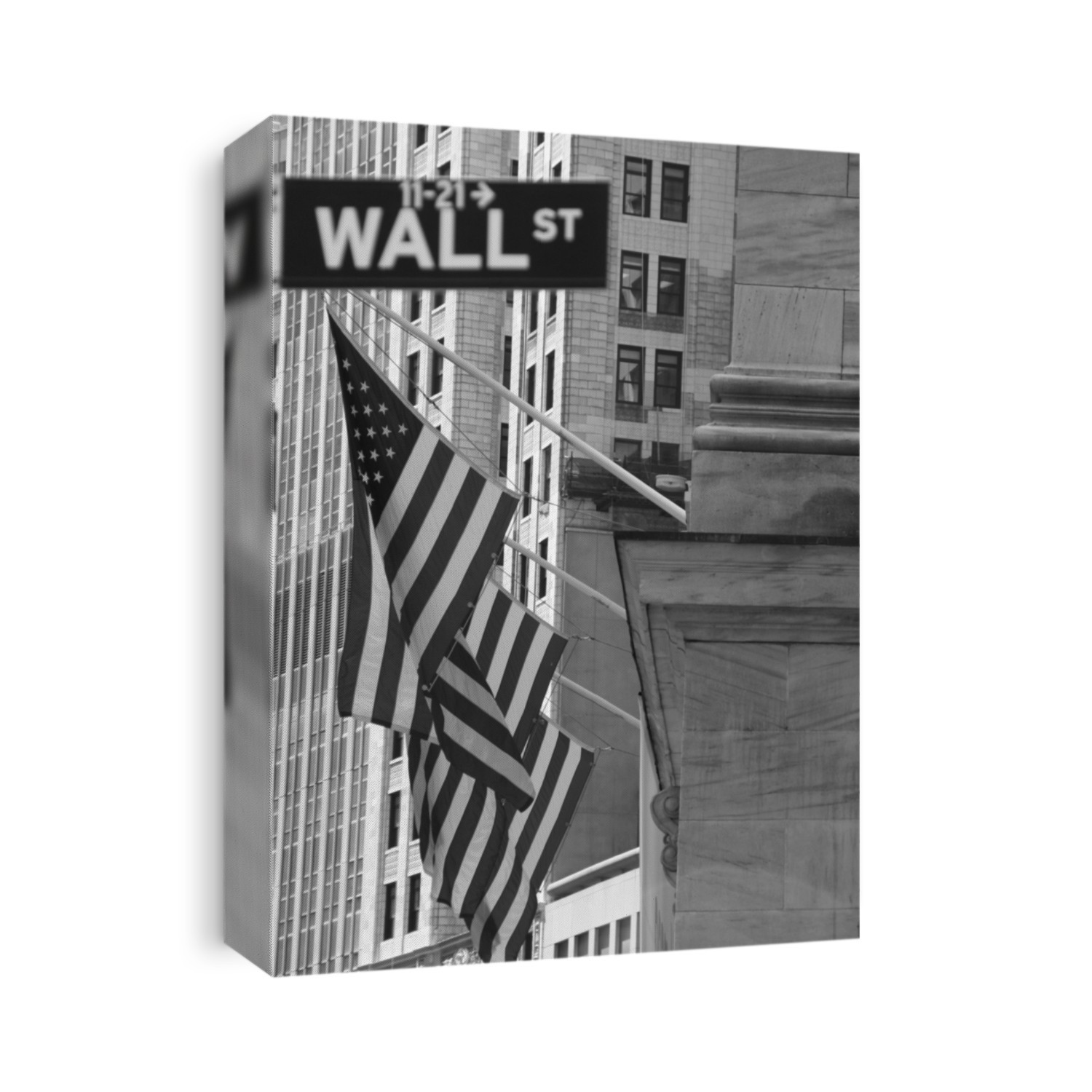 Black and white image of the American flags outside the New York stock exchange on Wall Street