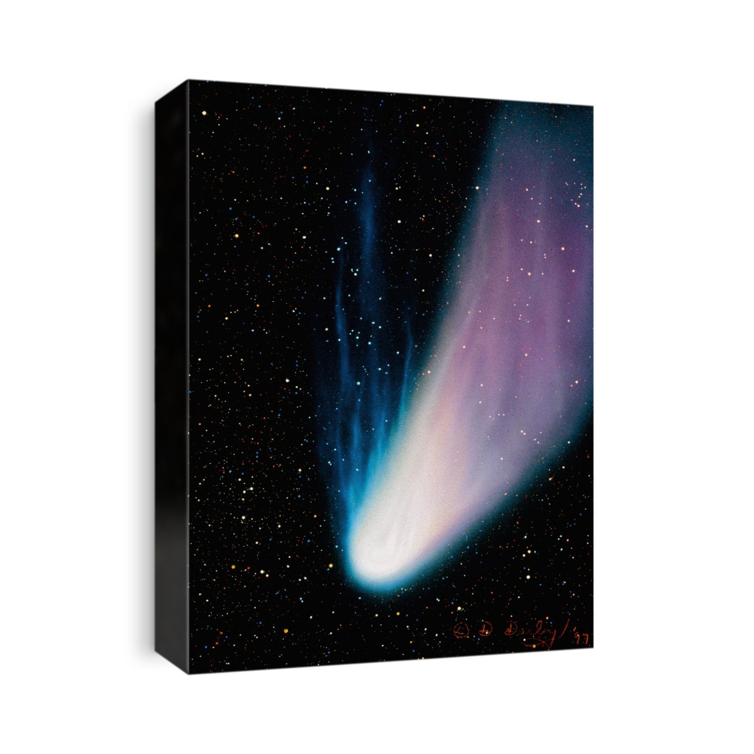 Comet. Artwork of a comet showing its two distinct tails. The dust tail (white/mauve, upper right) consists of grains of dust pushed away from the comet's head by the radiation of sunlight. The ion tail (blue, centre) is made up of gases ionised by the effects of the solar wind. Both tails always point away from the Sun. Comets have a nucleus of ice and dust. As they approach the Sun their surface evaporates, releasing a tail millions of kilometres long. Their orbits around the Sun are highly elliptical, so that they spend most of their time as a solid, tail-less lump in the cold and distant reaches of the solar system.