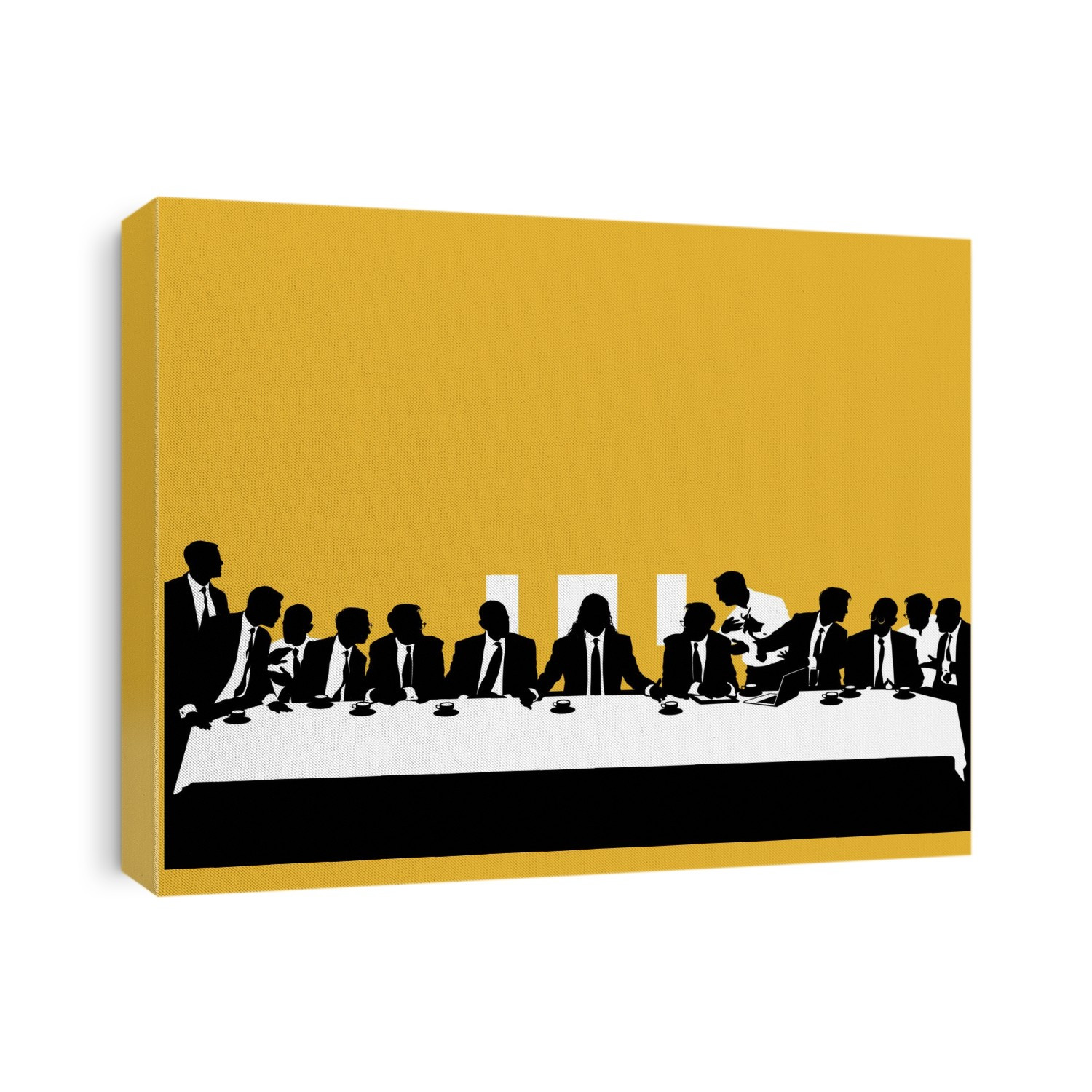 Business politics. Conceptual image of a business meeting, based on Leonardo da Vinci's 15th-century mural 'The Last Supper'. This depicts the final meal that Jesus shared with his disciples before his crucifixion. This image could also represent conflict and betrayal in banking and finance.