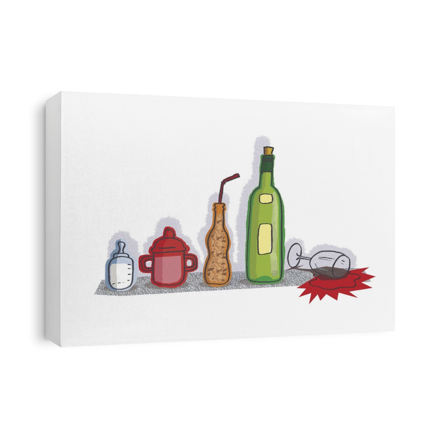 Childhood drinking habits. Artwork of a series of drinks, progressing from baby milk, to a toddler's mug, to a soft drink bottle with a straw, and then a wine bottle and glass. This represents the debate over whether parents should allow their children to have alcoholic drinks, at what age, and whether being permissive or strict about this can affect later drinking habits.