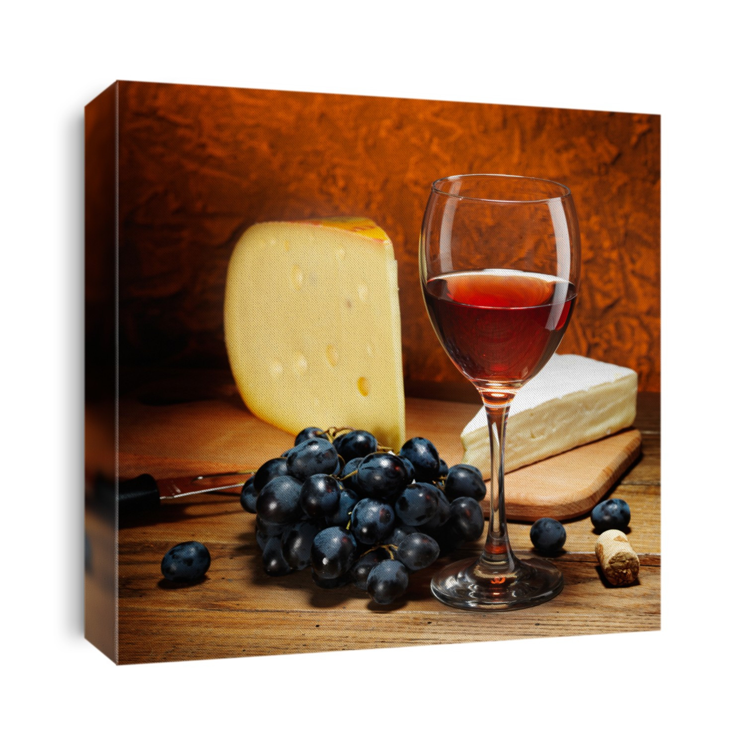 Still-life with cheese, grapes and glass of red wine.