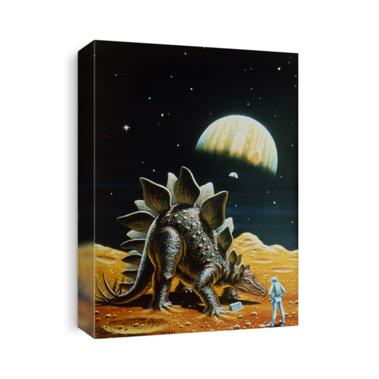Illustration entitled "Cosmic Museum II". A visitor to the Cosmic Museum examines one of the exhibits, a Stegosaurus. The museum is on one of the moons of Jupiter, the Giant Planet is seen in the background.