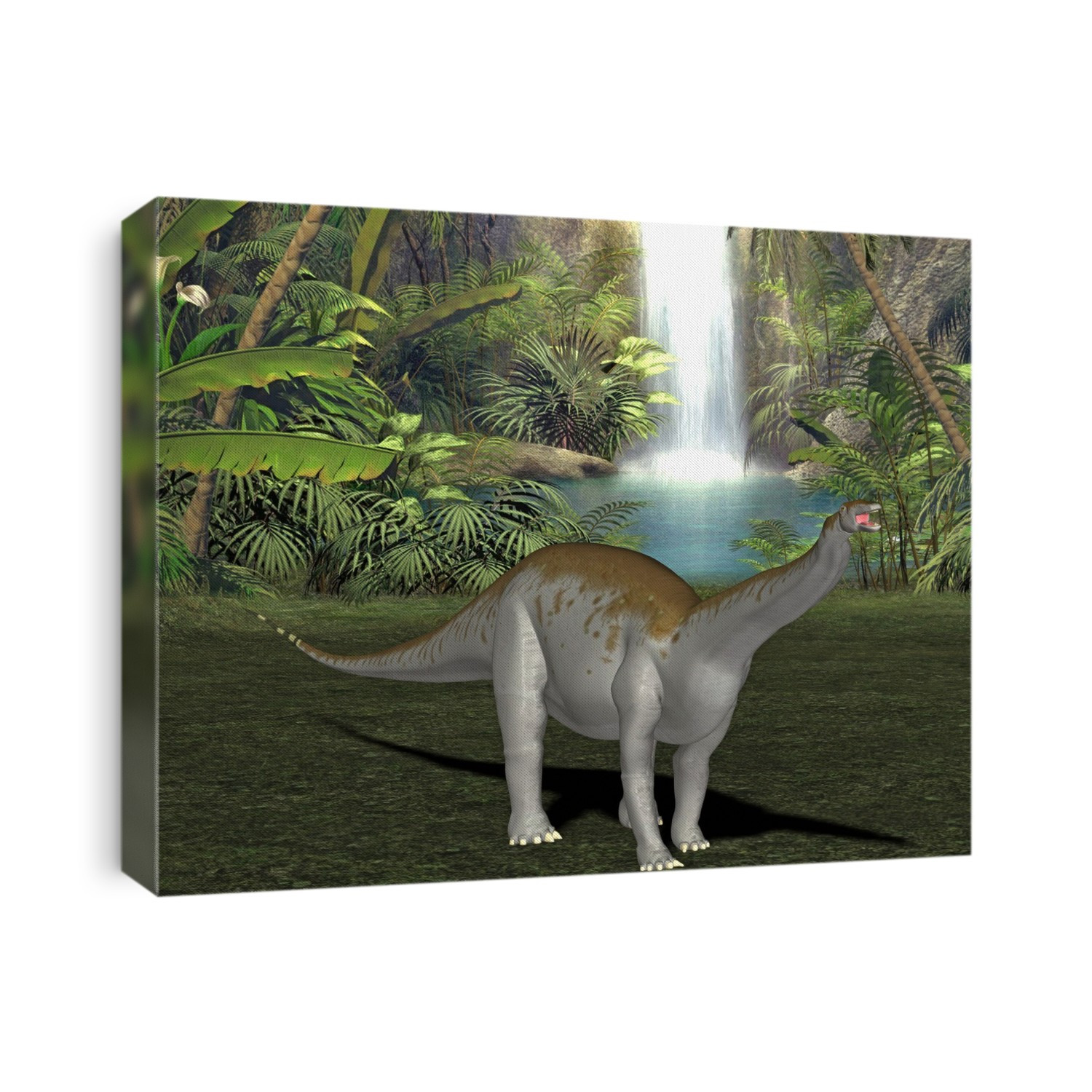 Apatosaurus dinosaur. Computer illustration of an Apatosaurus (Brontosaurus) sp. dinosaur by a waterfall in a prehistoric forest. This herbivorous sauropod dinosaur lived from about 154 to 150 million years ago, during the Jurassic Period, in what is now North America. It reached an average length of around 23 metres and a mass of at least 16 tons. As such, it is one of the largest land animals known to have ever existed.