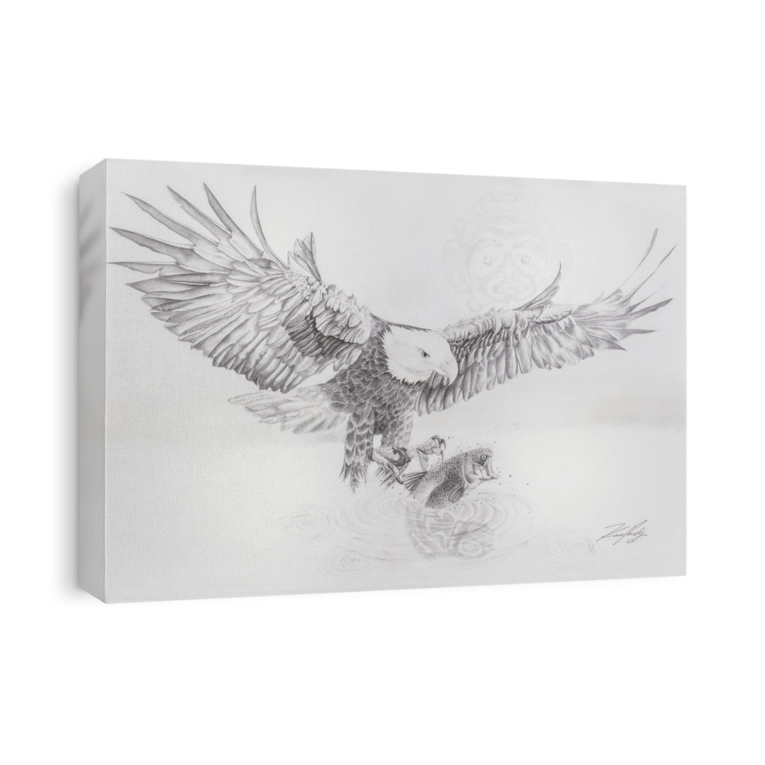 Black and white drawing of an eagle with a fish in it's claws