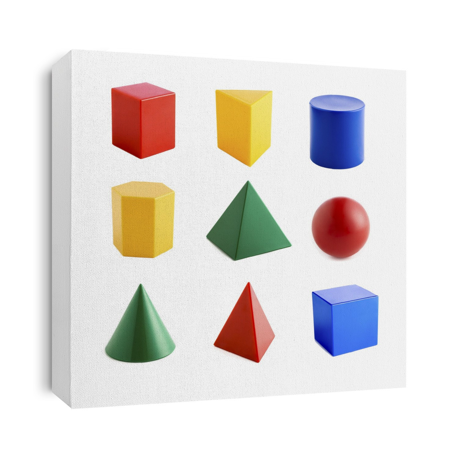 A collection of geometric shapes. They are (l-r, from top): rectangular prism, triangular prism, cylinder, hexagonal prism, pyramid, sphere, cone, tetrahedron and cube.