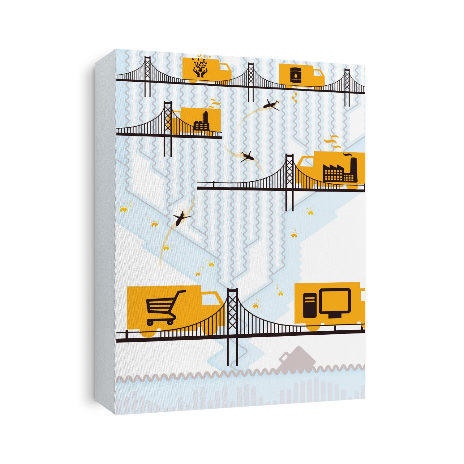 Illustration of trucks on bridge.