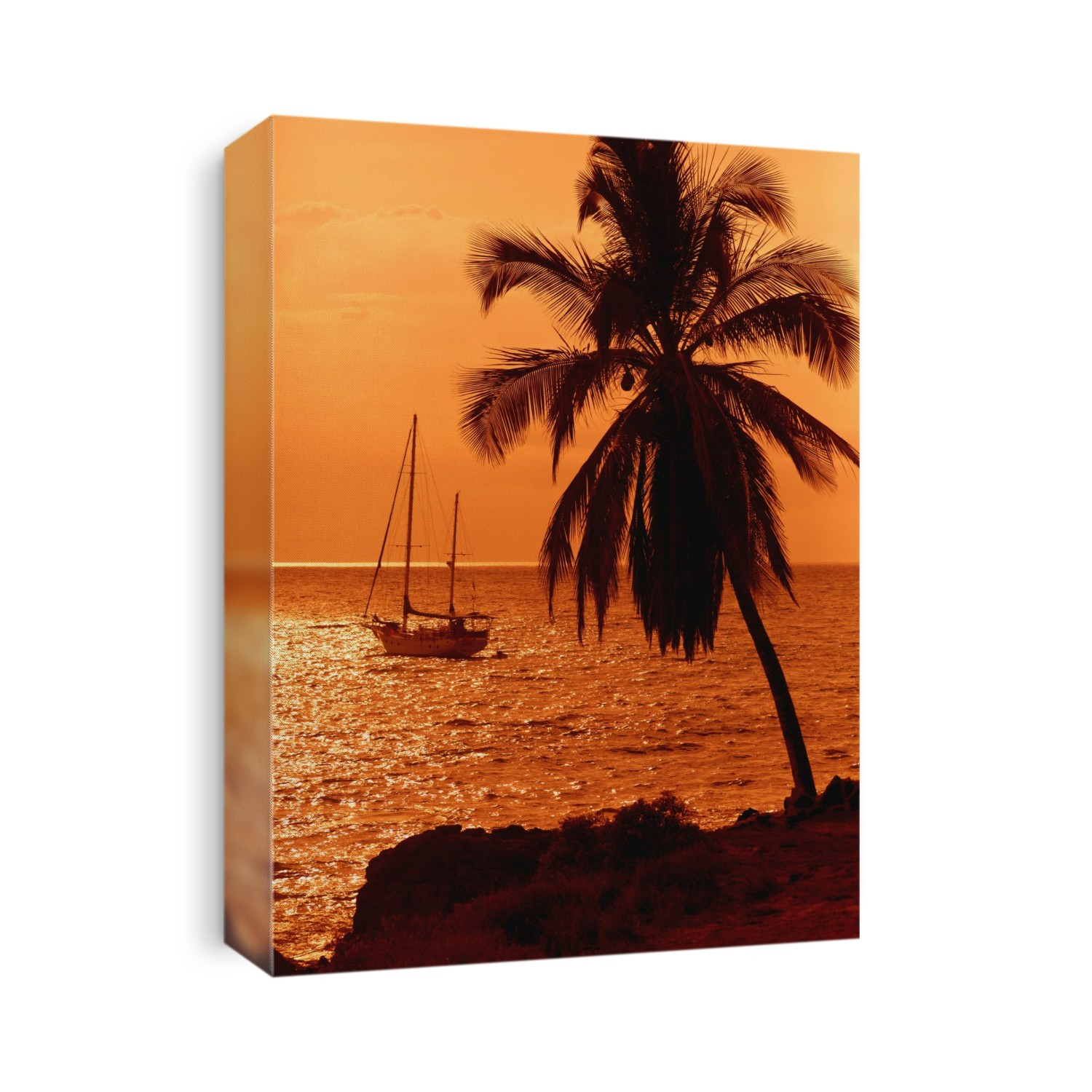 Sailboat And Palm Tree At Sunset; Kihei, Maui, Hawaii, United States Of America