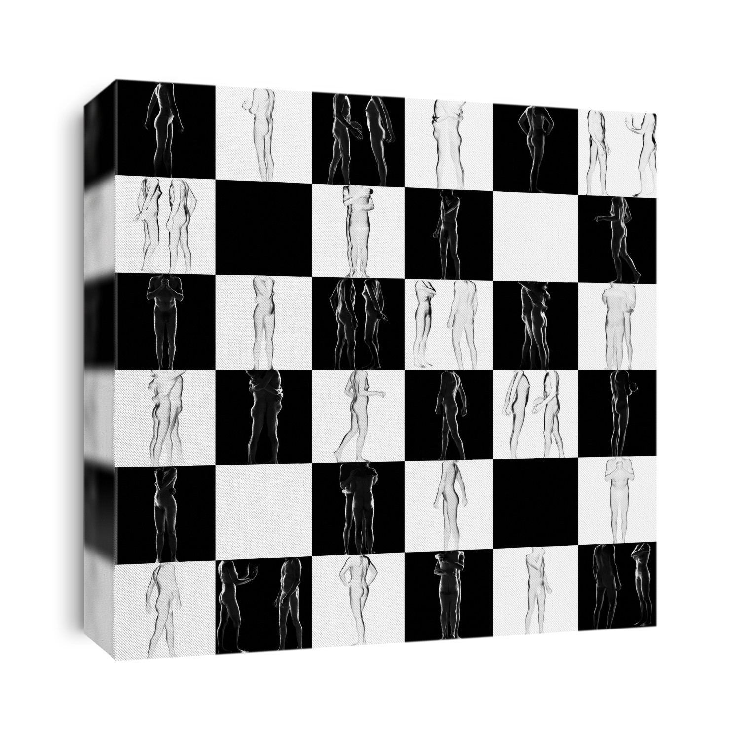 Lovers' game. Conceptual image of the nude bodies of a man and a woman in various poses, singly and together, on a chequered board representing a game of love.