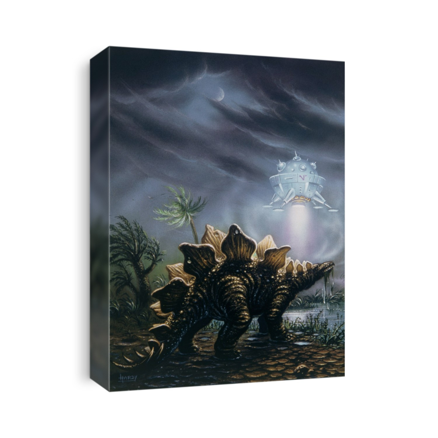 Illustration entitled "Cosmic Museum I". A spacecraft is seen coming in to land on Earth in the Triassic era in order to capture a Stegosaurus (foreground) to be exhibited in a Cosmic Museum on another planet.