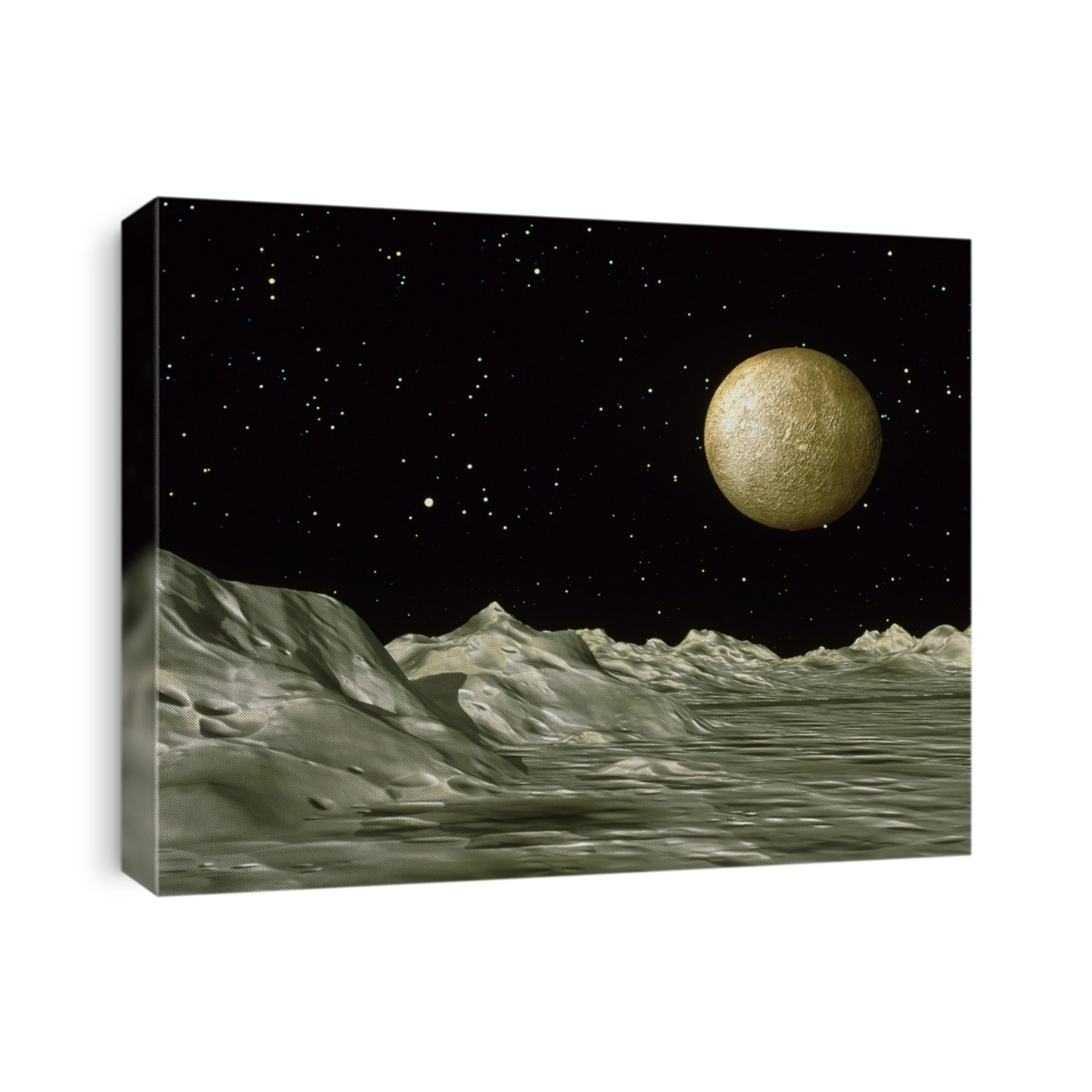 Mercury's moon. Artwork of the hypothetical moon of Mercury, with the planet in the sky. The moon's existence was suggested in 1974 when the Mariner 10 spacecraft detected bursts of Extreme Ultravio- let (EUV) light from an unidentified source as it neared Mercury. It was believed that the inter- stellar medium absorbed EUV, meaning that the emi- ssion source was nearby. The source was tracked, & it was found to be moving at 4 kilometres per second, a speed similar to that of a moon. The source was found to be star 31 Crateris. Although no moon was found, it had been discovered that EUV could penetrate the interstellar medium, giving astronomers a new way of observing the universe.