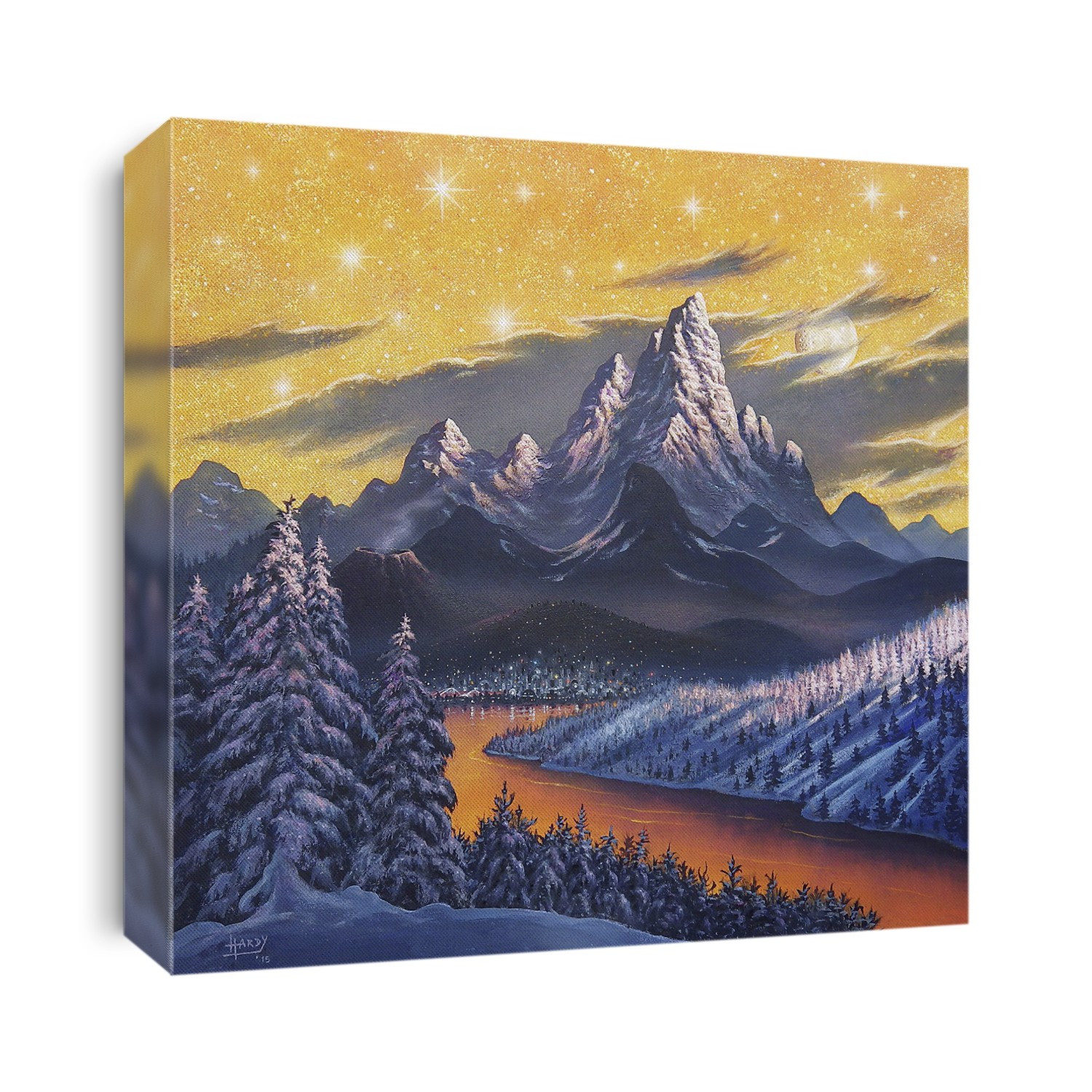 Alien city and landscape. Illustration of a river flowing through forested hills in winter on an alien planet. A city is on the river bank at centre. A moon (upper right) is above a skyline of towering mountains. This planet is in a globular star cluster, a dense gathering of stars, giving rise to a sky dominated by stars.