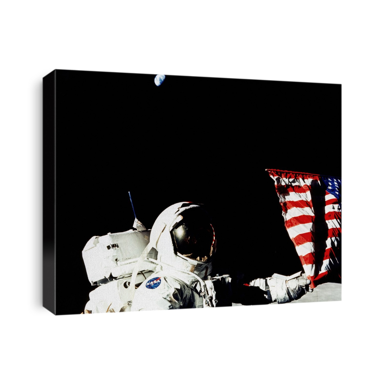 The last man on the Moon. Astronaut Eugene Cernan stands next to the USA flag planted on the Moon during the Apollo 17 mission. In the sky above is the Earth. Apollo 17 arrived on the Moon in the Taurus-Littrow site at the southern edge of the Mare Serenitatis on 11 December 1972. Cernan and fellow astronaut Harrison Schmitt spent 72 hours on the Moon, performing three excursions in the Lunar Roving Vehicle. This was the last Apollo Moon mission, and Cernan was the last human to stand on the surface of the Moon. Astronaut Ronald Evans remained in the orbiting Command Module. The astronauts returned safely to Earth on 19 December 1972.