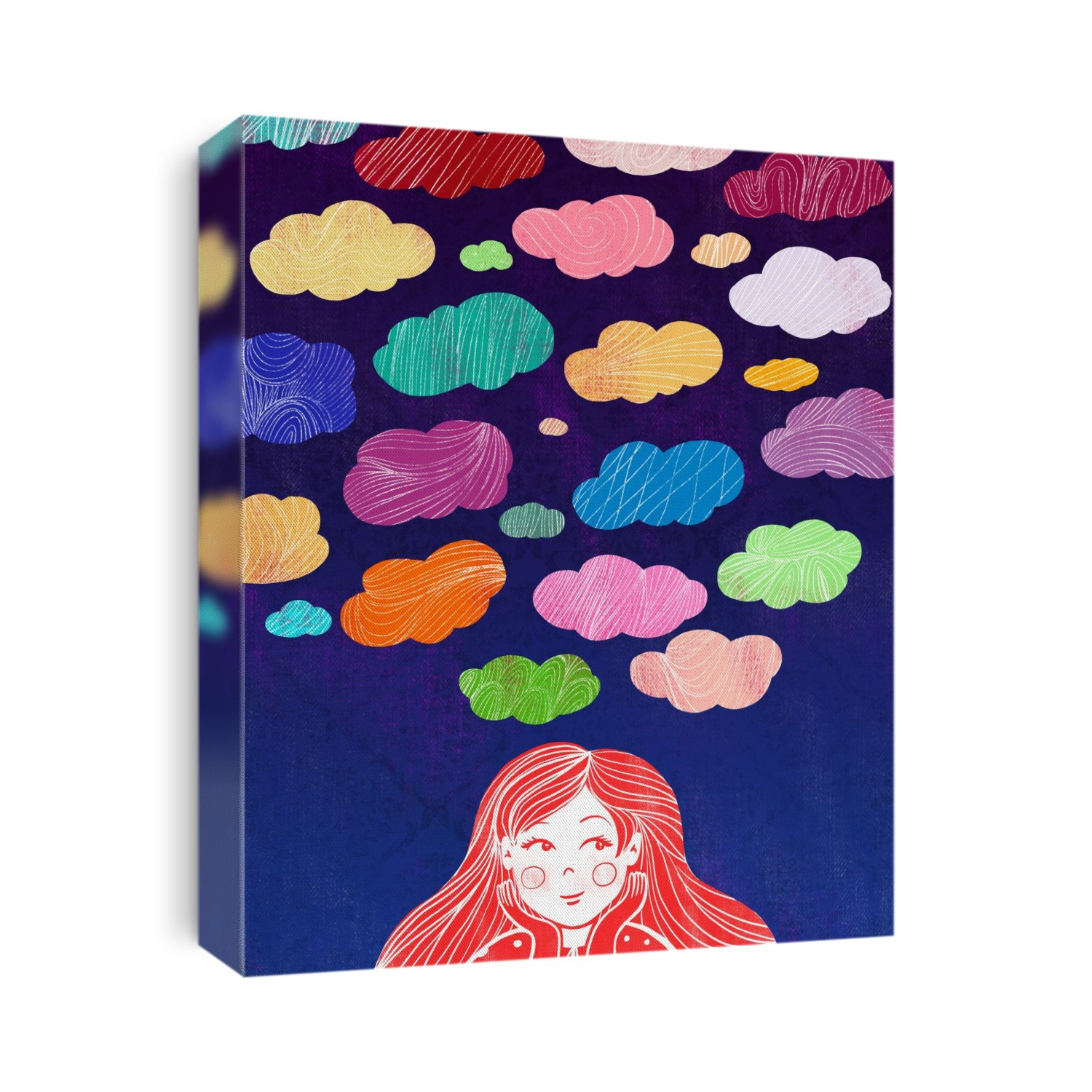 Illustration of girl with colourful clouds representing aspiration.