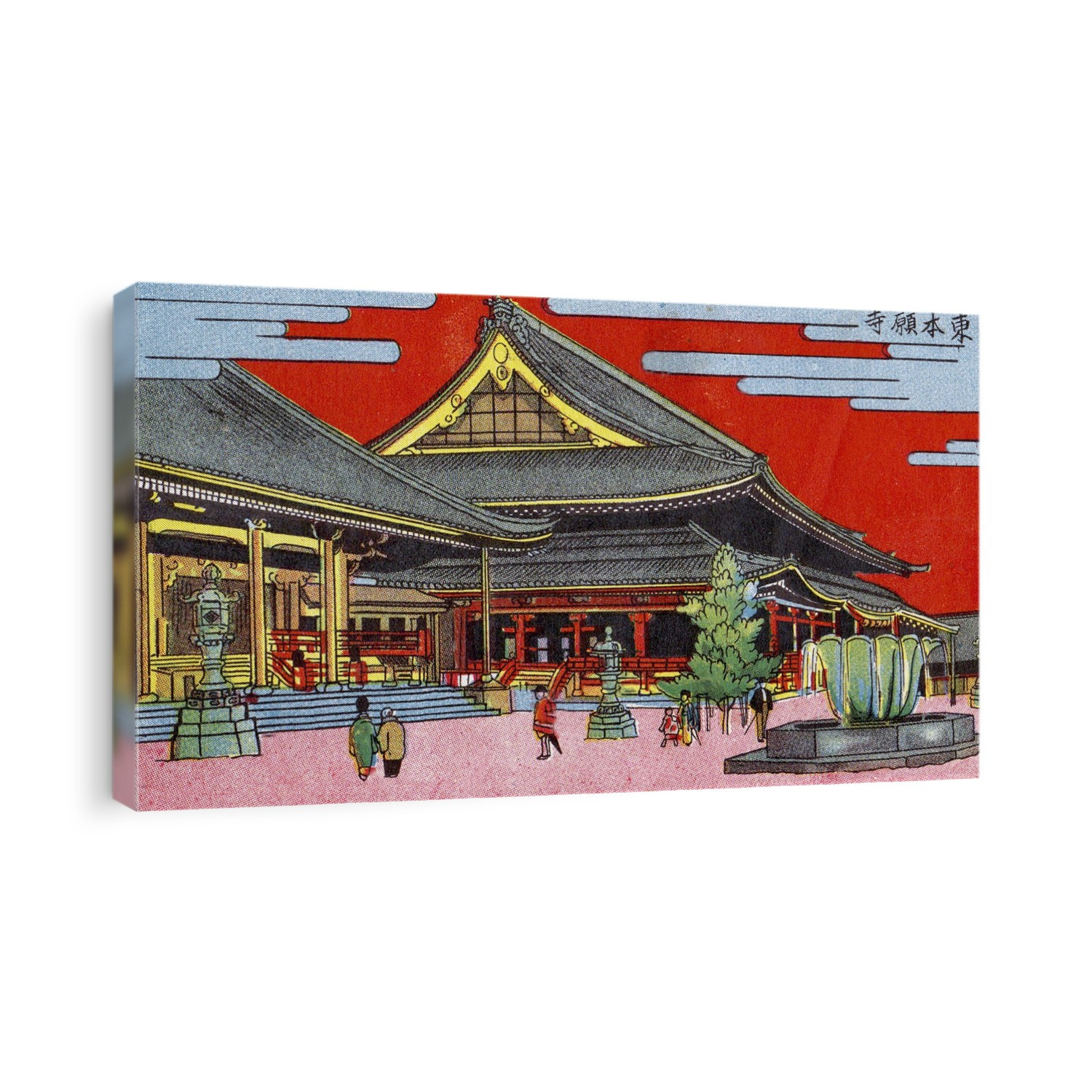 Archival graphic art postcard of temple compound, Japan, circa 1910; Artwork