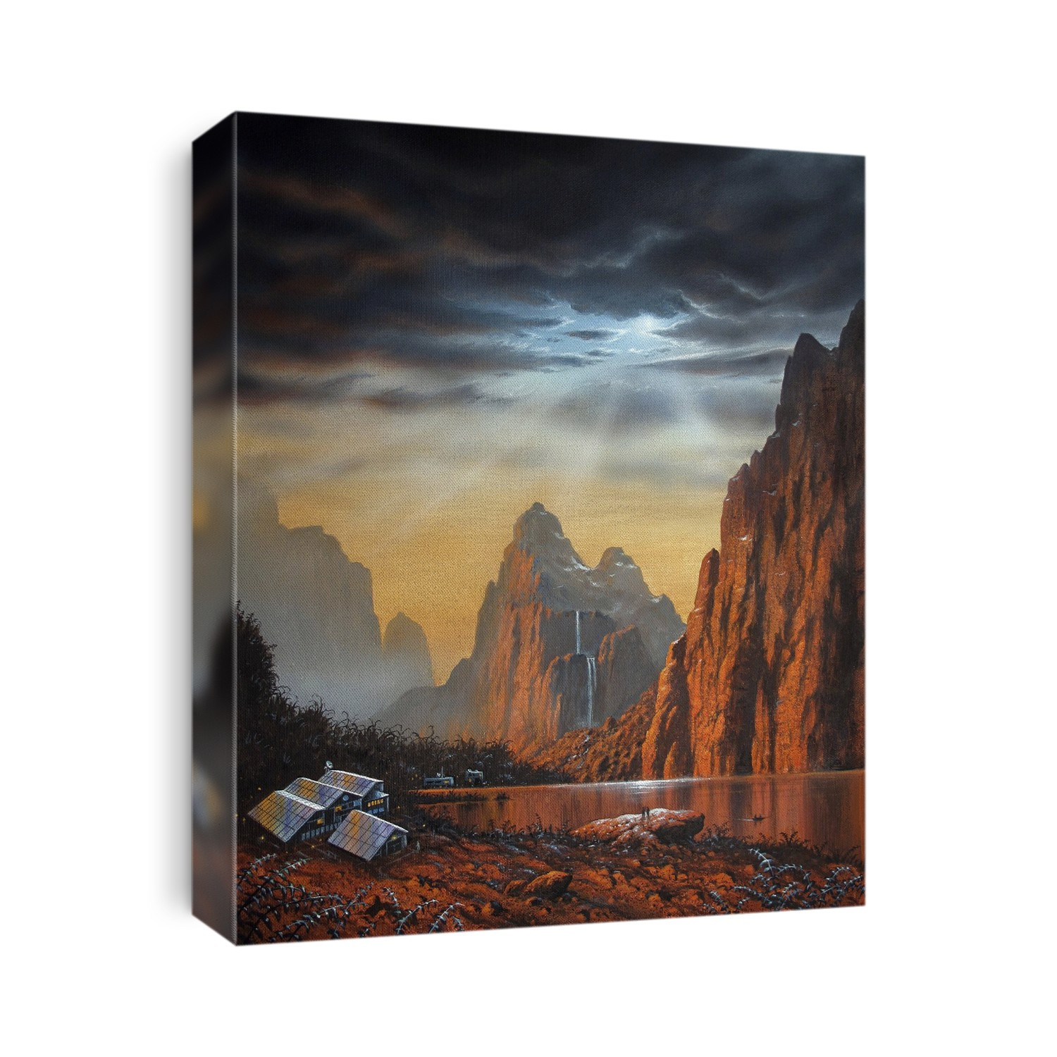Alien colony. Artwork of a landscape of towering cliffs, waterfalls and lakes, on an alien planet where a colony (lower left) has been established. Satellite dishes are being used for communications. A boat is on the lake at lower right, and the planet's sun is shining through the clouds.