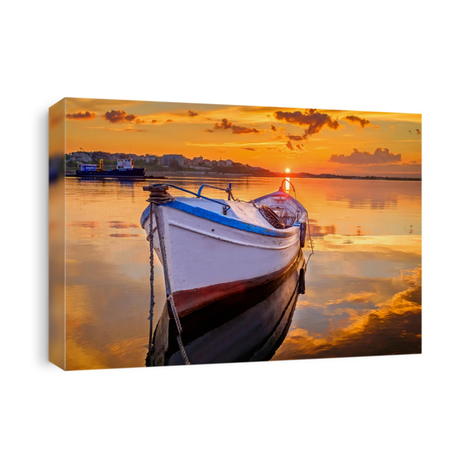 Fishing boat at black sea in orange incredibly beautiful sunset 
