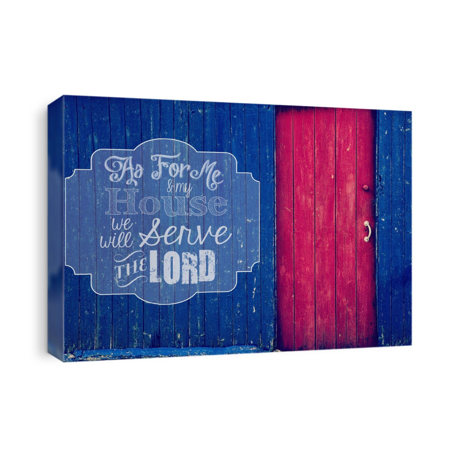 Image Of A Painted Wooden Wall And Red Door With A Scripture From Joshua 24:15