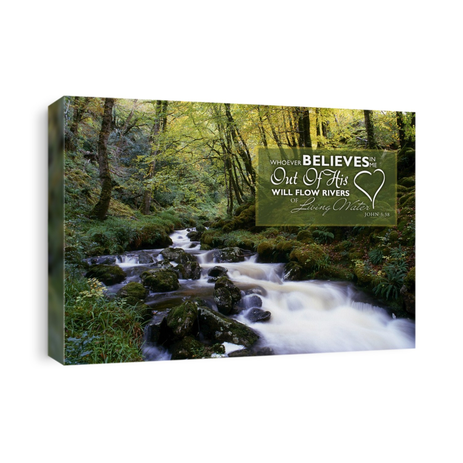 Image Of Water Flowing Over Rocks In A Stream And A Lush Forest With A Scripture From John 3:38