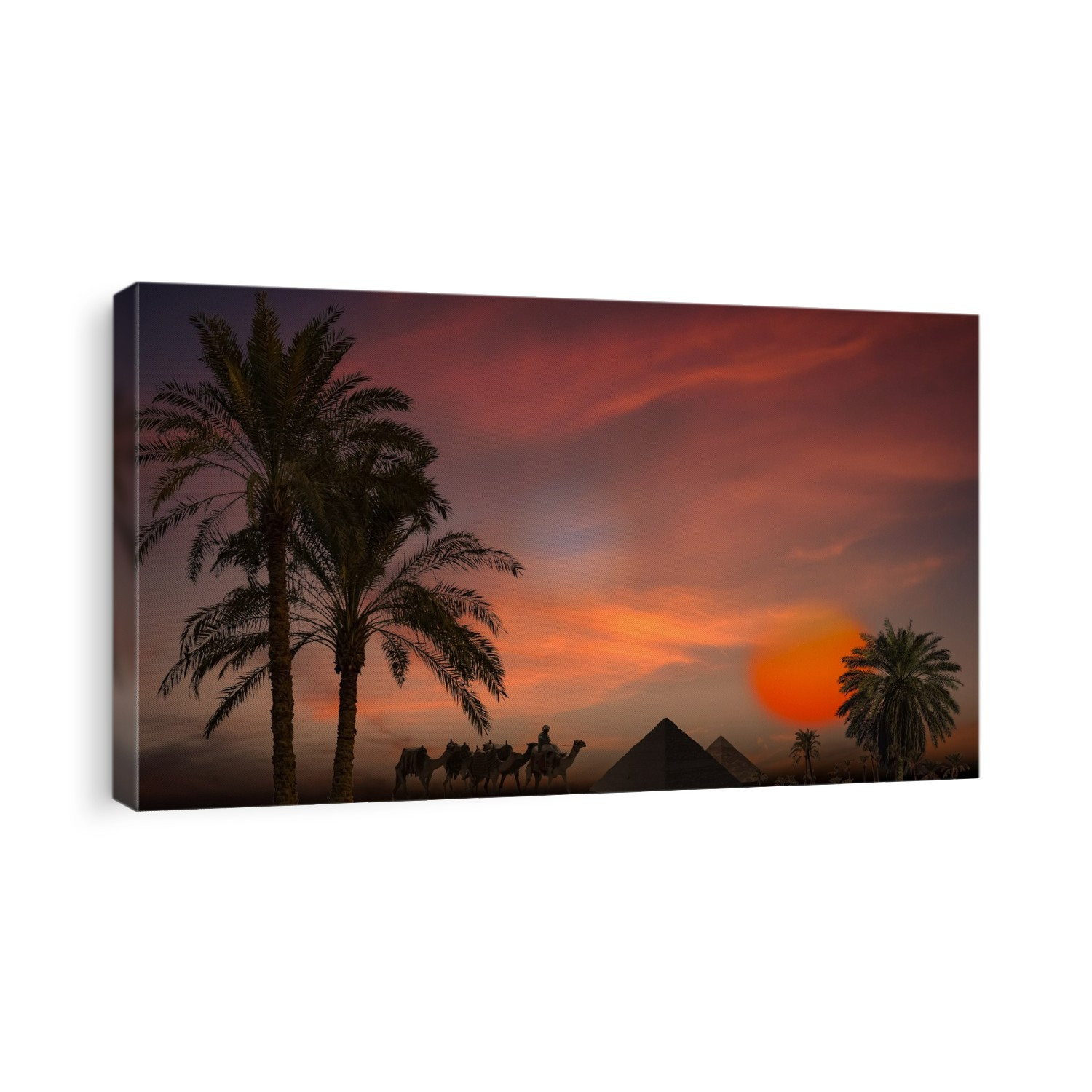 Composite image of silhouetted pyramids, palm trees and a soldier with camels at sunset