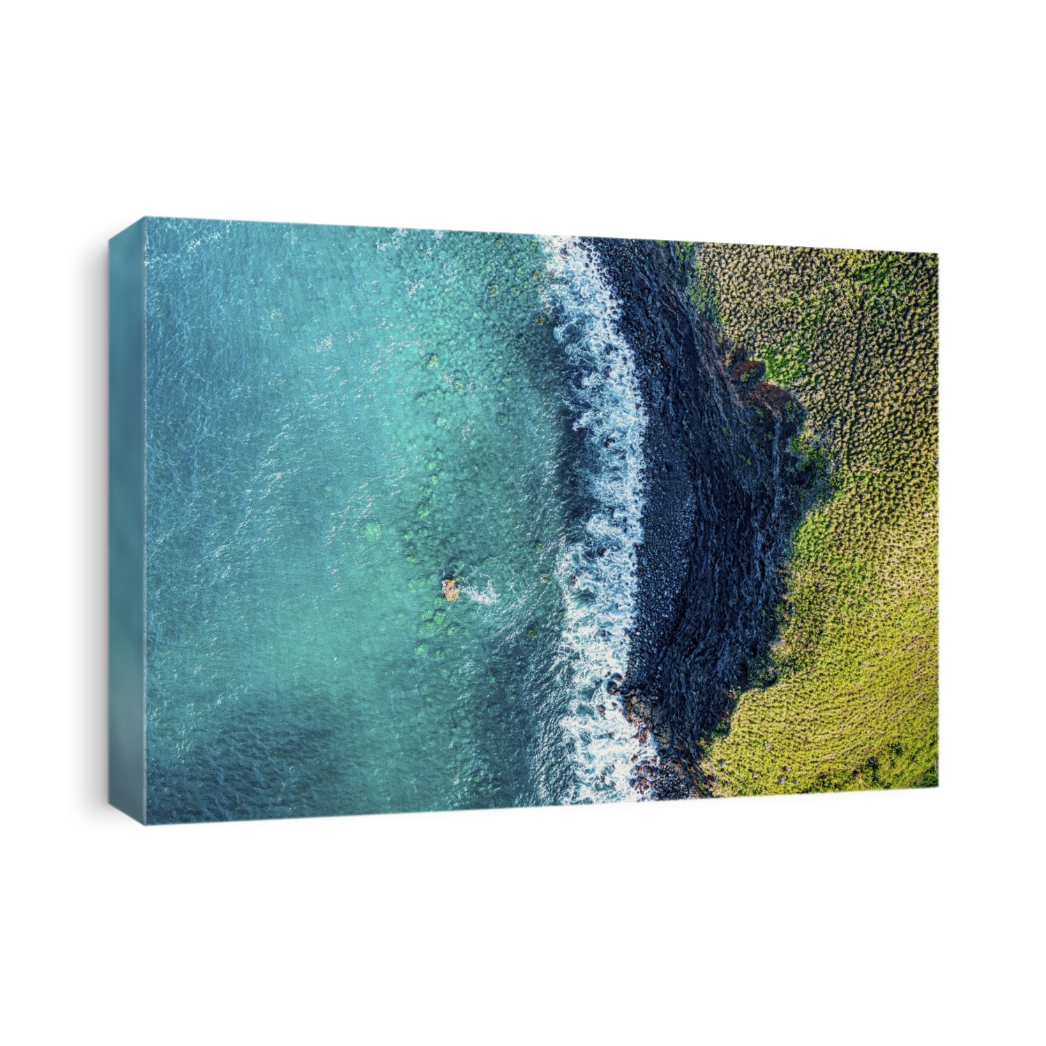 View from directly above of the coastline of the island of Maui with green vegetation and turquoise water, Hawaii, USA; Maui, Hawaii, United States of America