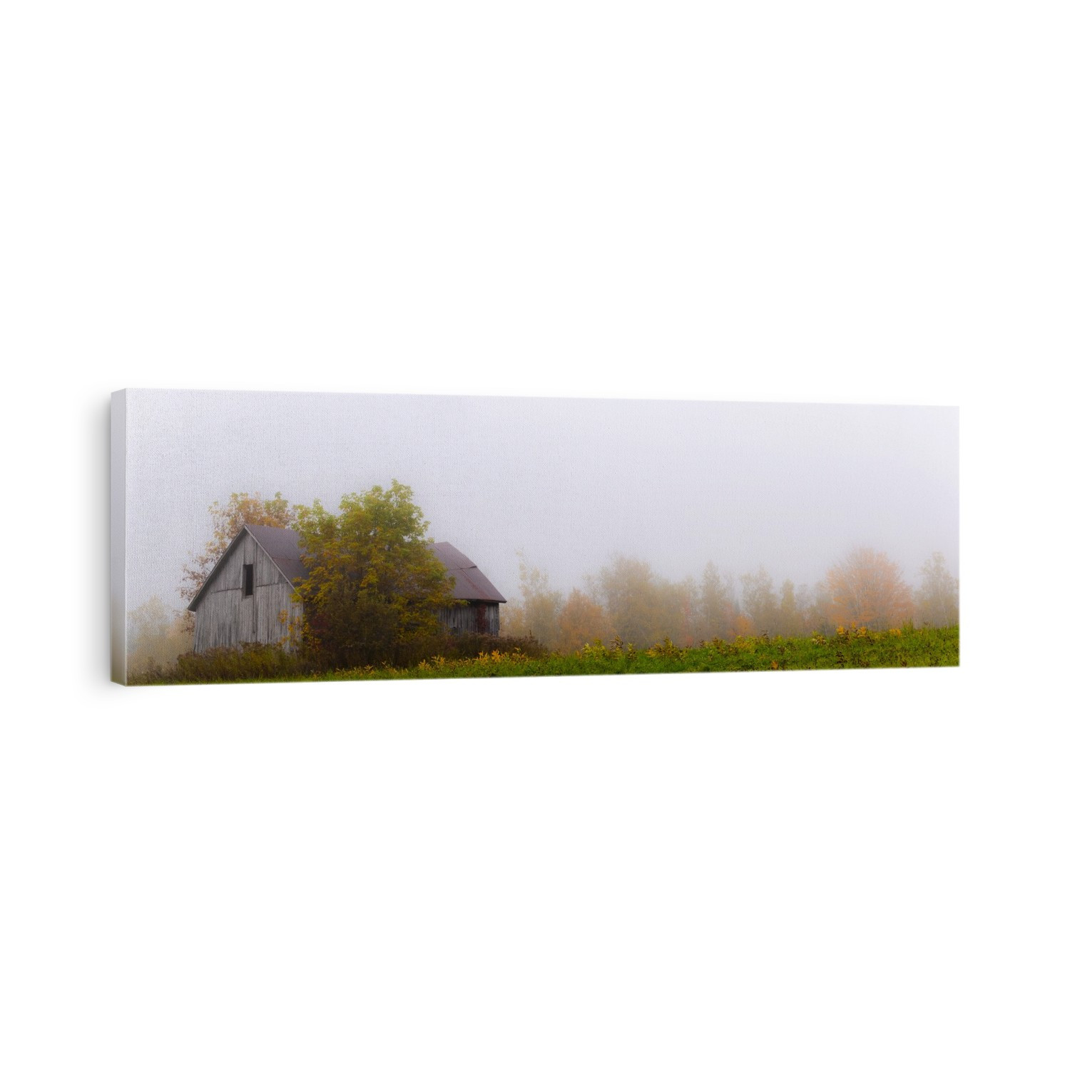 Old wooden barn in a foggy field in autumn; Waterloo, Quebec, Canada