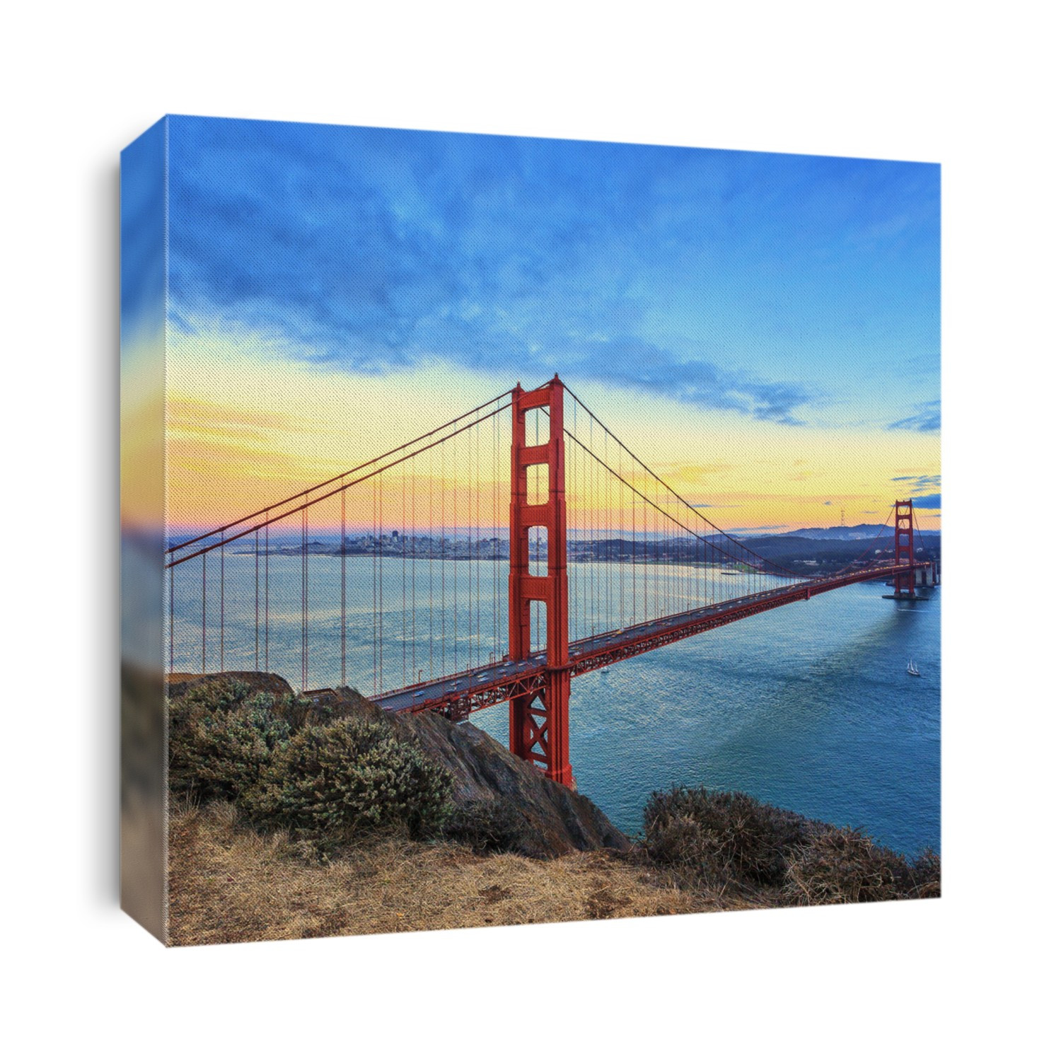 view of famous Golden Gate Bridge at sunset in San Francisco, California, USA 