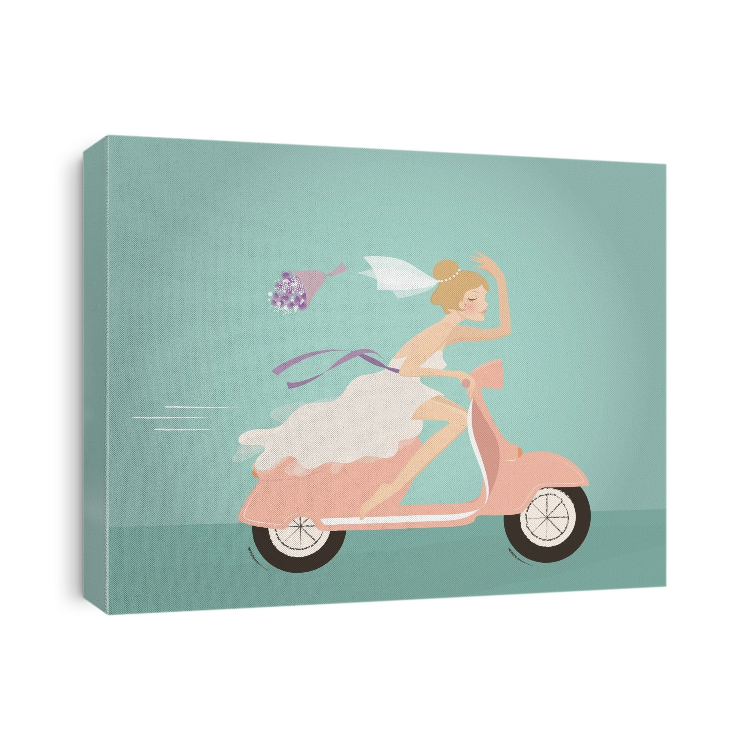 Illustration of bride throwing flower bouquet while riding scooter against blue background.
