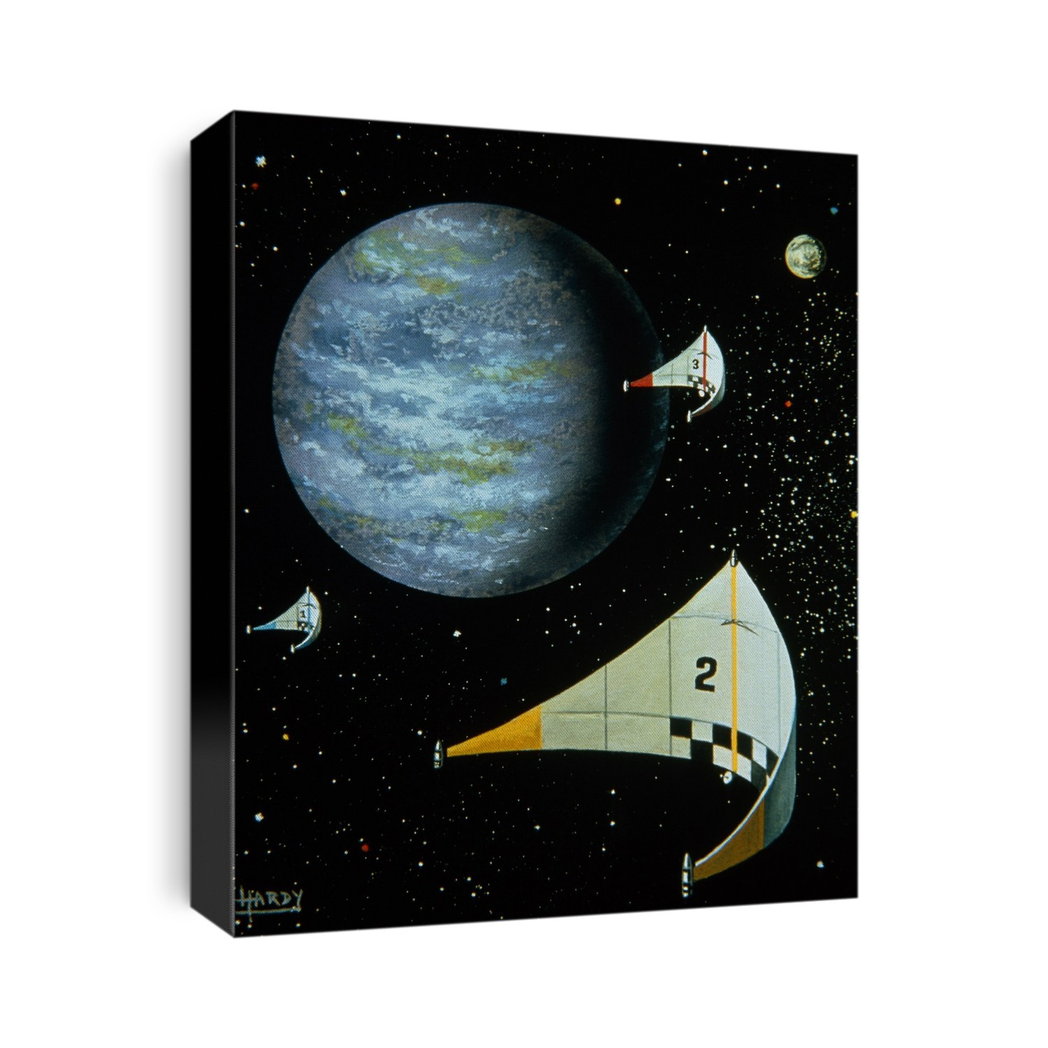 Solar sailing. Artwork of three "solar sail" spacecraft. These spacecraft are powered by the pressure of sunlight on their large sail-like membranes. Each photon of light reflects from the sail, imparting a tiny forward acceleration. This leads to a gradual but continuous acceleration, and very high speeds can be attained.