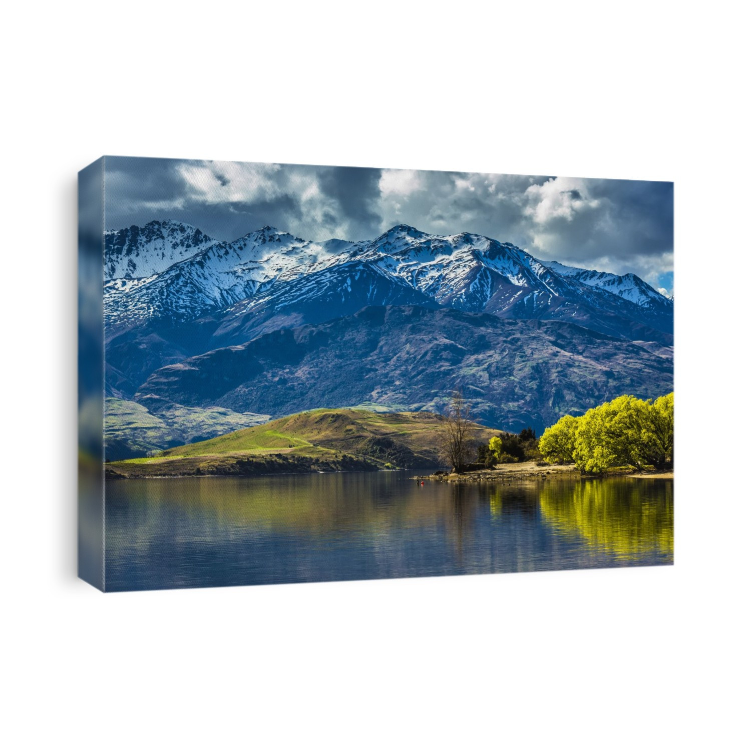 Shoreline of lake and mountain range at Glendhu Bay in the Otago Region of New Zealand