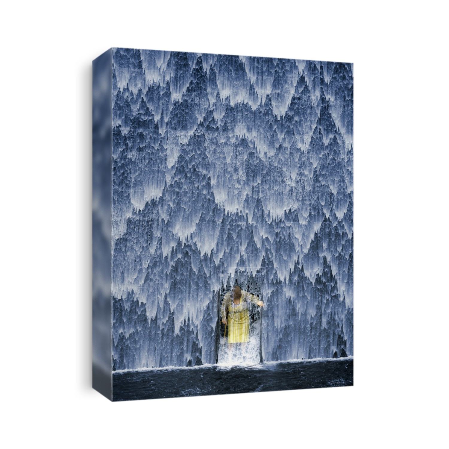 Incontinence, conceptual image. Elderly woman walking through a doorway under a waterfall. The waterfall represents the incontinence (inability to control urination) that can afflict the elderly.
