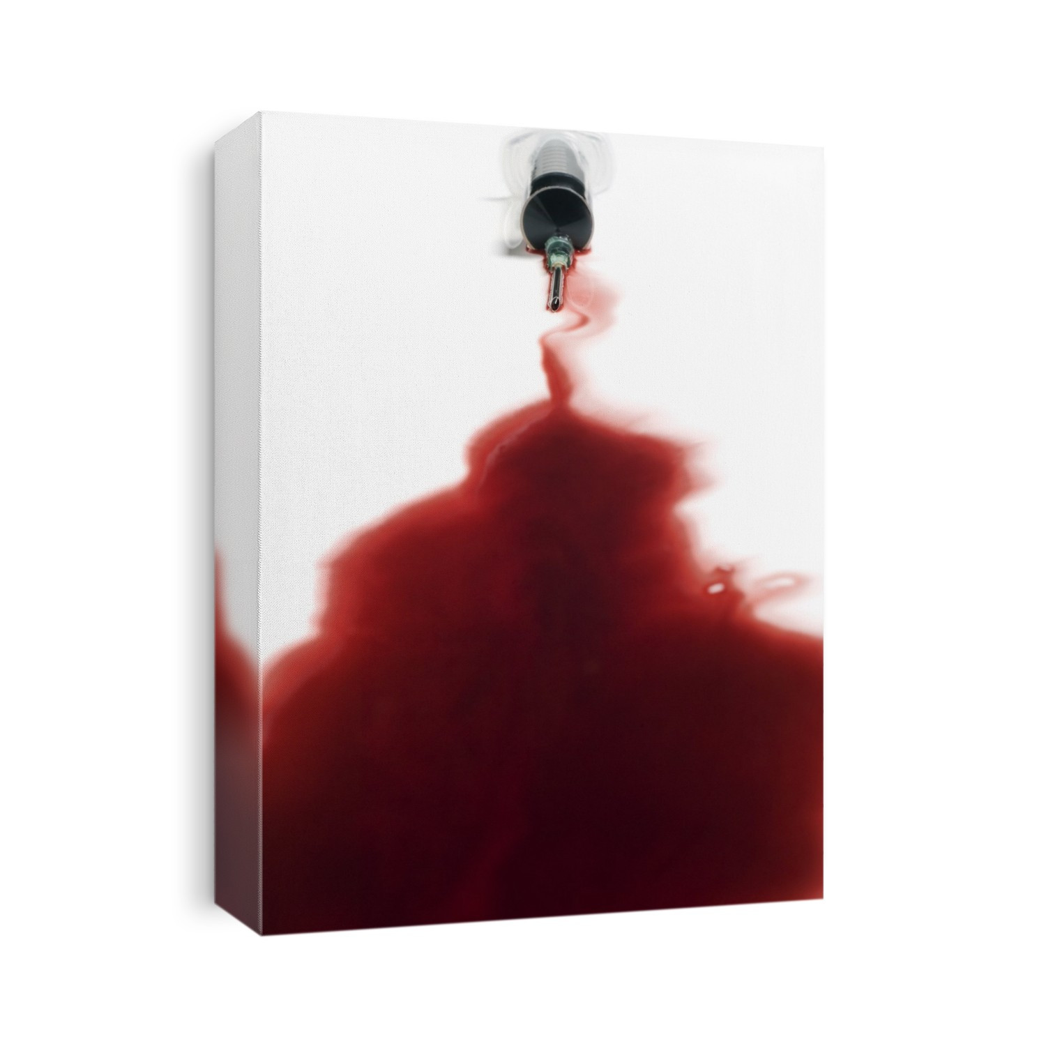 Syringe with red liquid spreading through water. The syringe (upper centre) has been half-placed underwater, and the red liquid ejected out through the needle. The red liquid can represent blood.