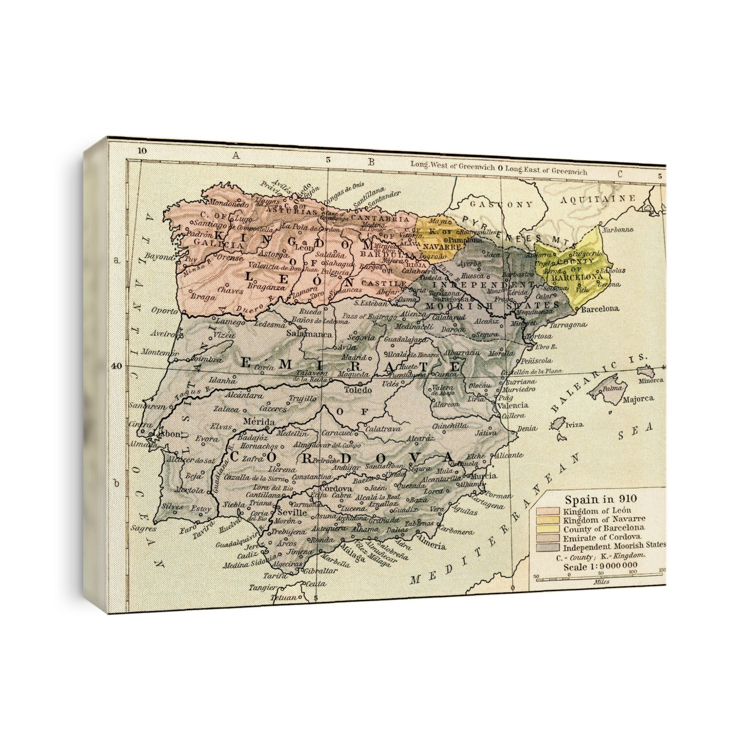 Map Of Spain In 910 Showing The Kingdoms Of LeÃ³n And Navarre, The County Of Barcelona, The Emirate Of Cordova And The Independent Moorish States. From Historical Atlas, Published 1923.