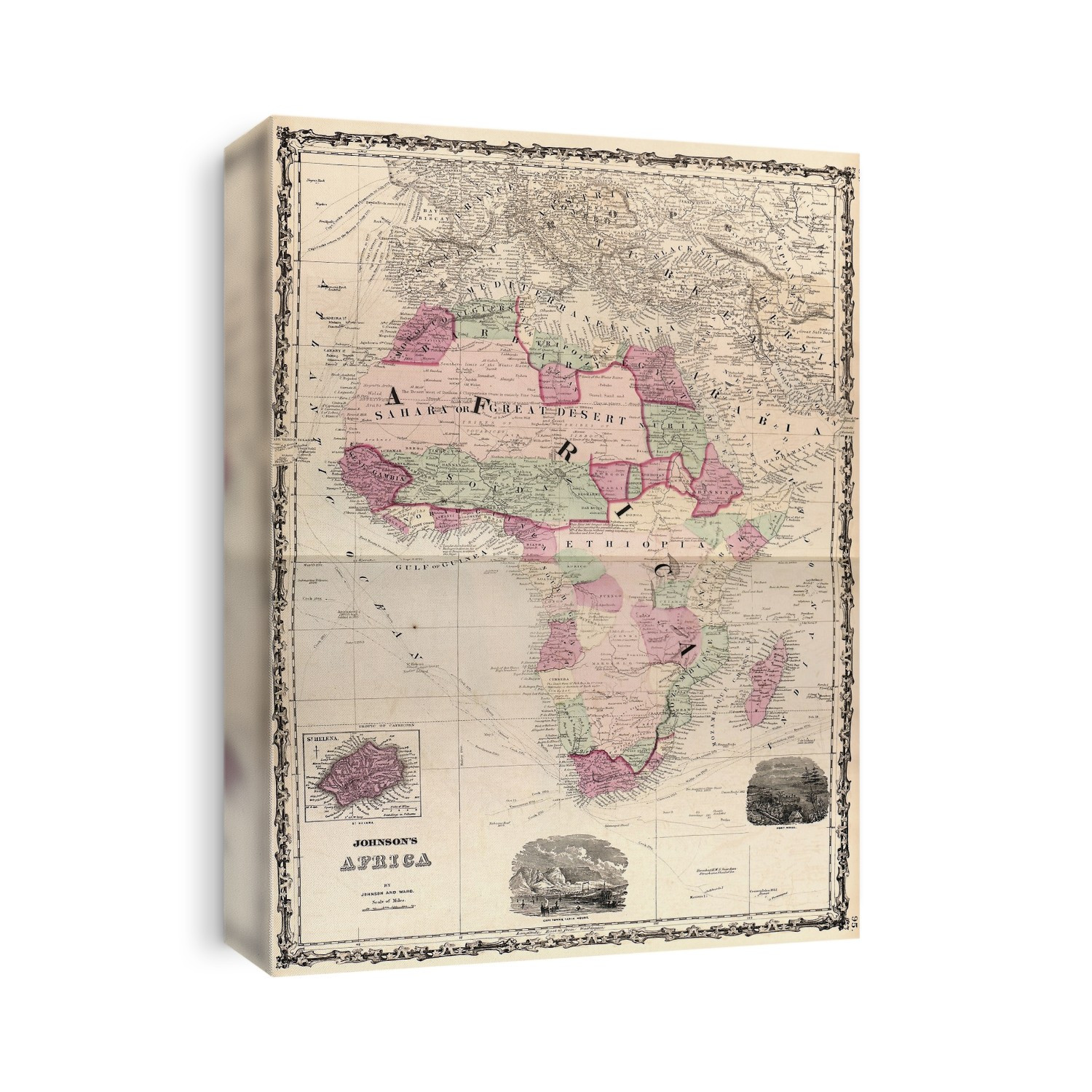 Map of Africa. 19th-century map of the continent of Africa, published in 1862 by US cartographer Alvin Jewett Johnson (1827-1884). Explorers named on the map include Lander, Denham and Clapperton, Park, Caillie, Allen and Oldfield, D'Arnaud and Sabatier, and Mahamet Ali (Muhammad Ali of Egypt). Routes of navigators named on the oceans are: James Cook, Vasco da Gama, George Vancouver, Samuel Wallis, John Byron, and Philip Carteret. The insets across bottom show (left to right): the island of Saint Helena, Cape Town and Table Mountain, and Port Natal. Map published in 'Johnson's New Illustrated Family Atlas' (New York, 1862).