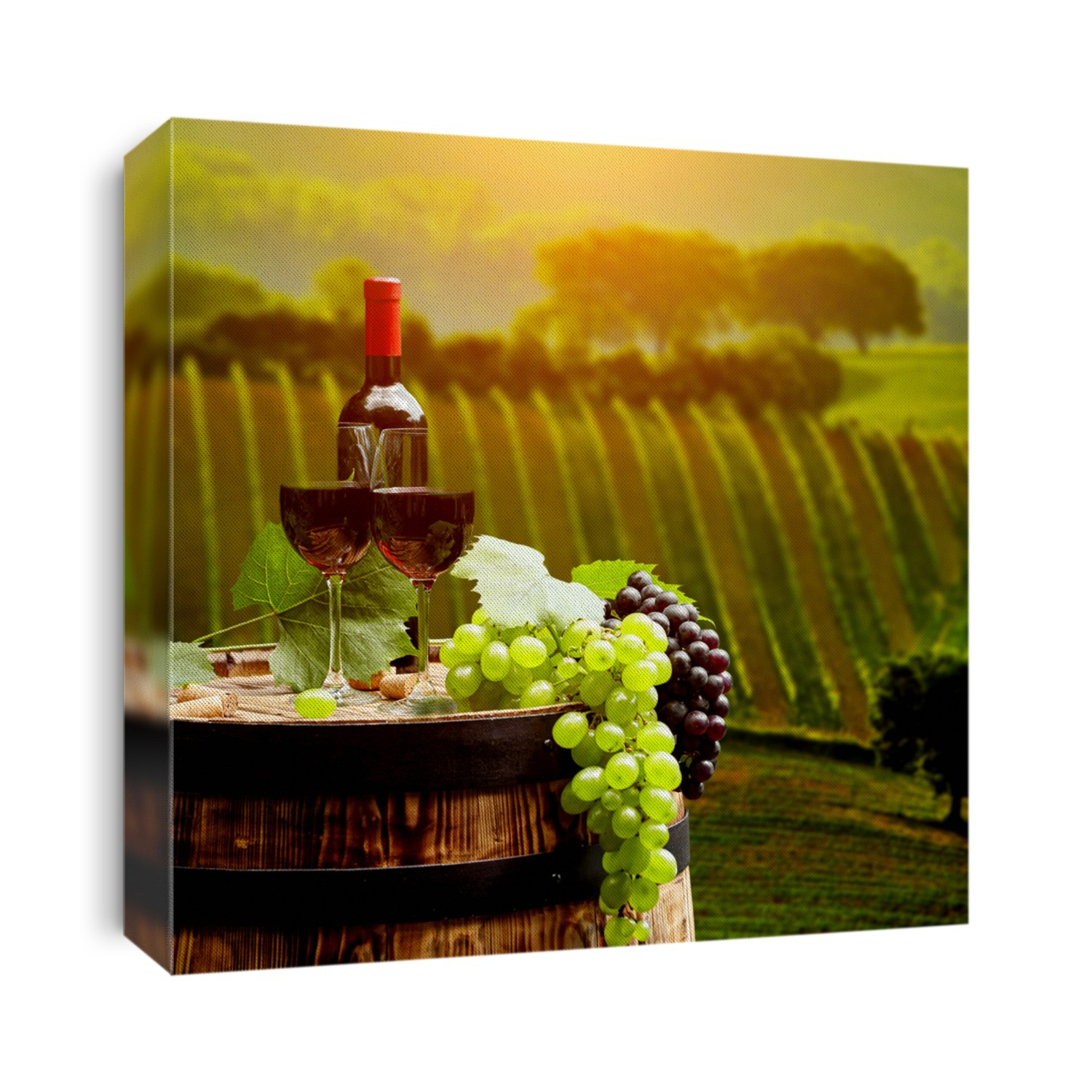 Red wine with barrel on vineyard in green Tuscany, Italy