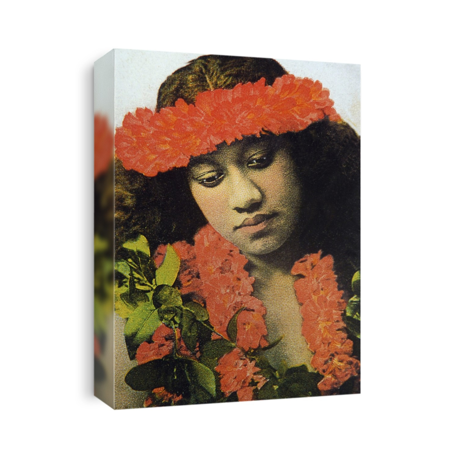Vintage, tinted photograph of Hula Girl wearing red lei; Studio Shot