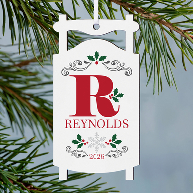 Holly Initial Sled Ornament