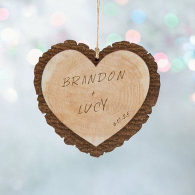 Carved Names Rustic Wood Heart Ornament