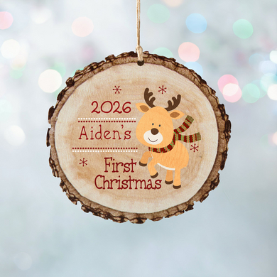 Little Deers First Christmas Rustic Wood Round Ornament