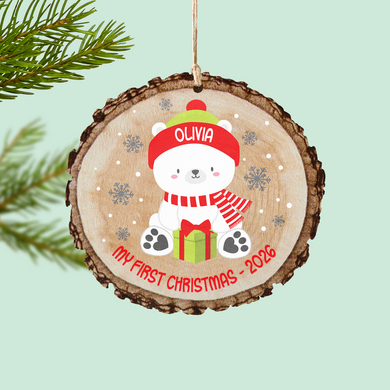 Baby Polar Bear Rustic Wood Round Ornament