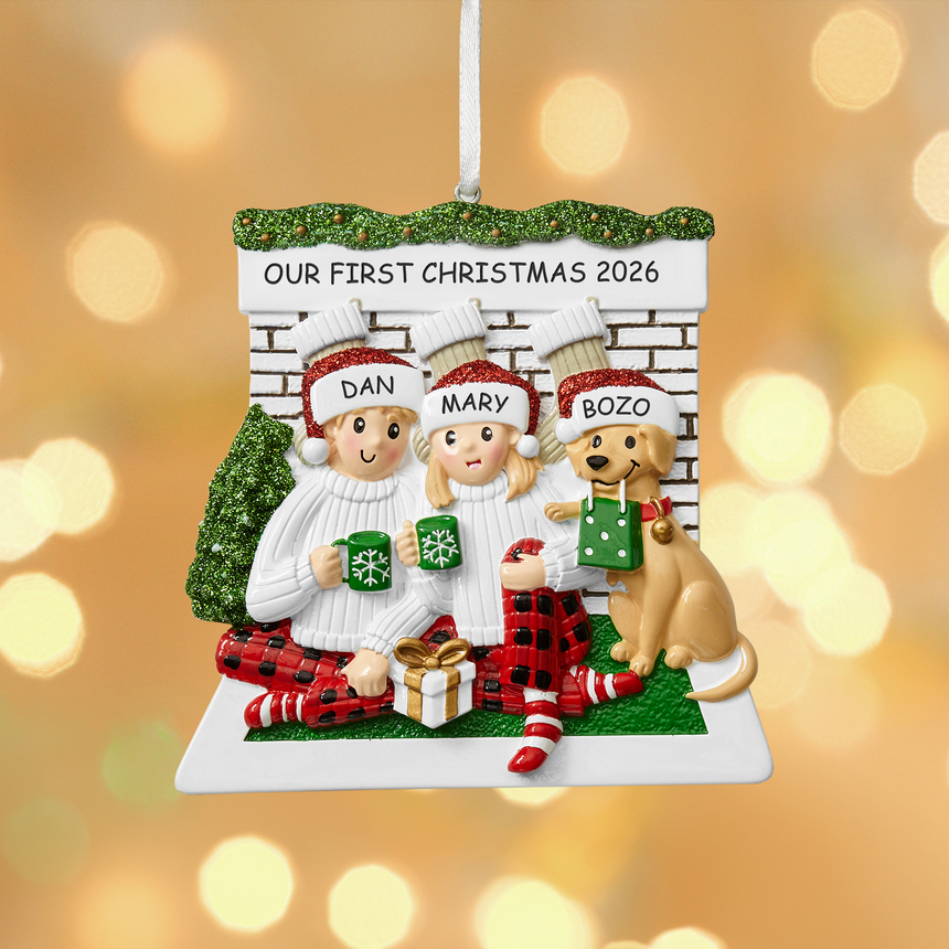 Cozy Fireplace Family with Dog Ornament-2